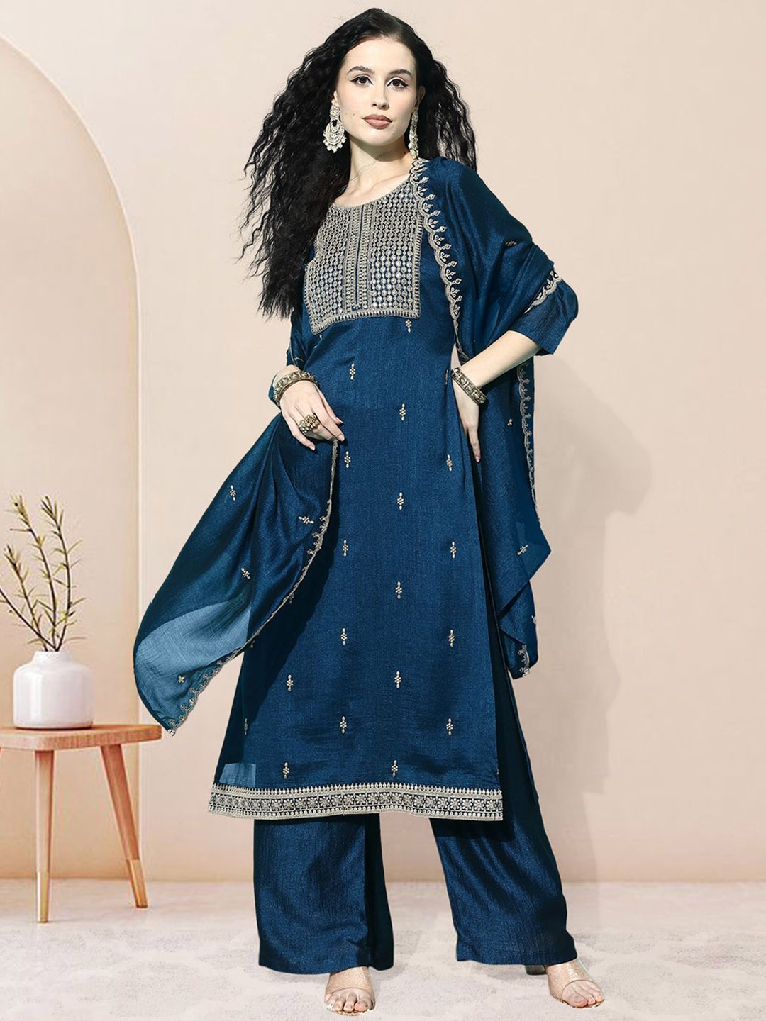 

Sangria Embroidered Round Neck Kurta Palazzo with Dupatta, Blue