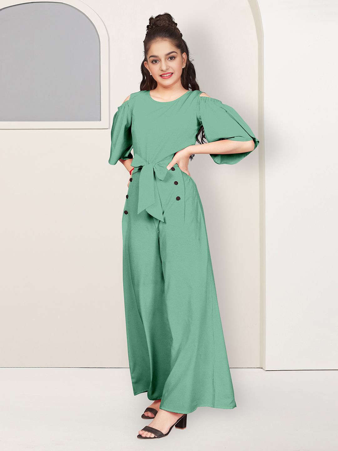 

YK Girls Round Neck Basic Jumpsuit, Green