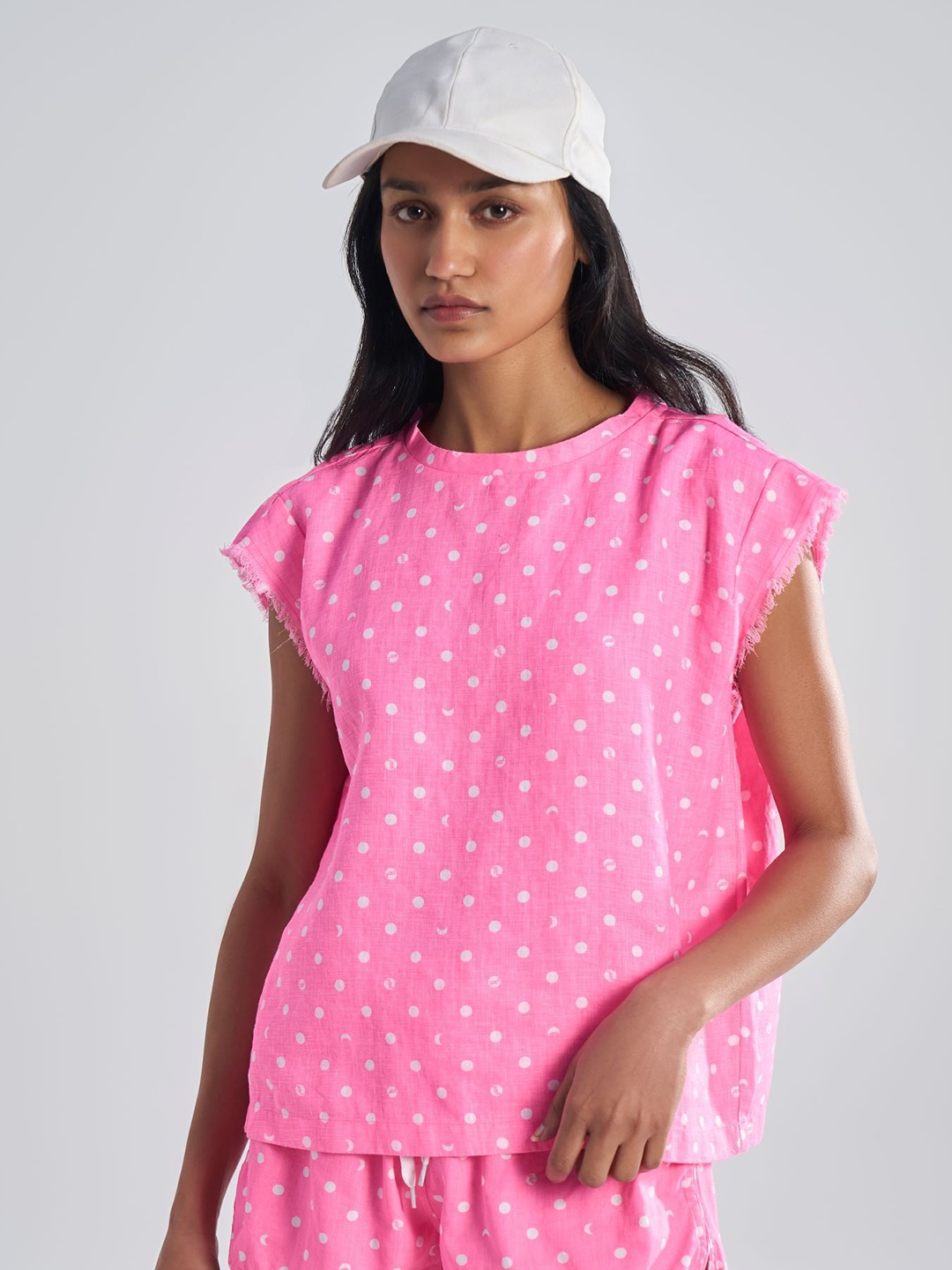 

Terra Luna Women Geometric Printed Round Neck Linen Relaxed Fit T-shirt, Pink