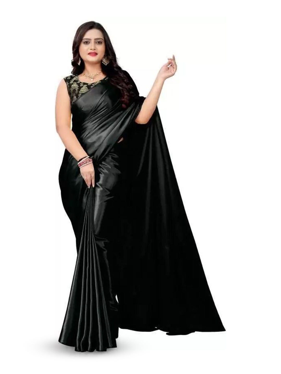 

SAADHVI Solid Satin Saree, Black