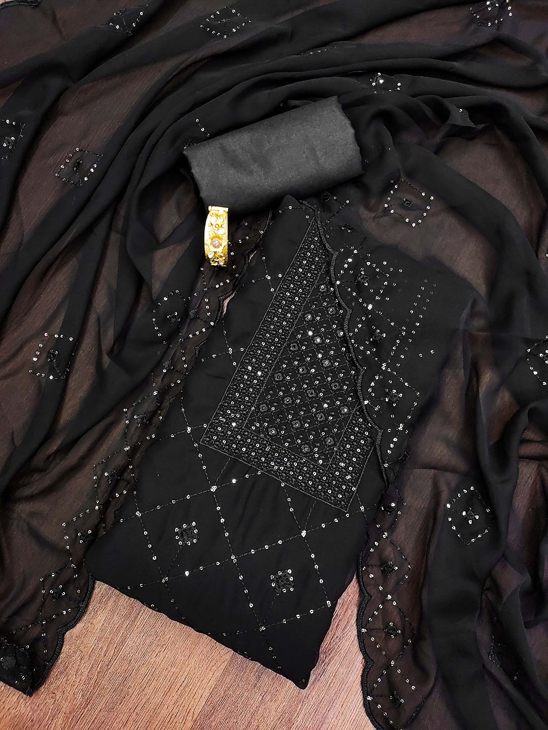 

SAINOOR Embroidered Silk Georgette Unstitched Dress Material, Black