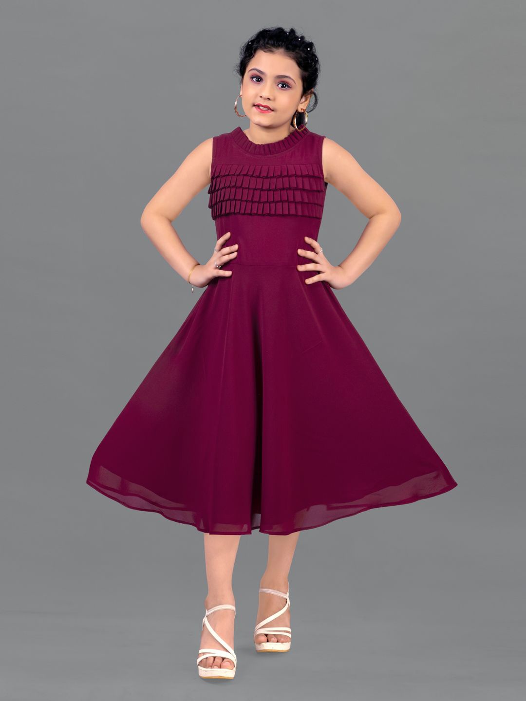 

YK Ruffled Georgette Fit & Flare Midi Dress, Maroon