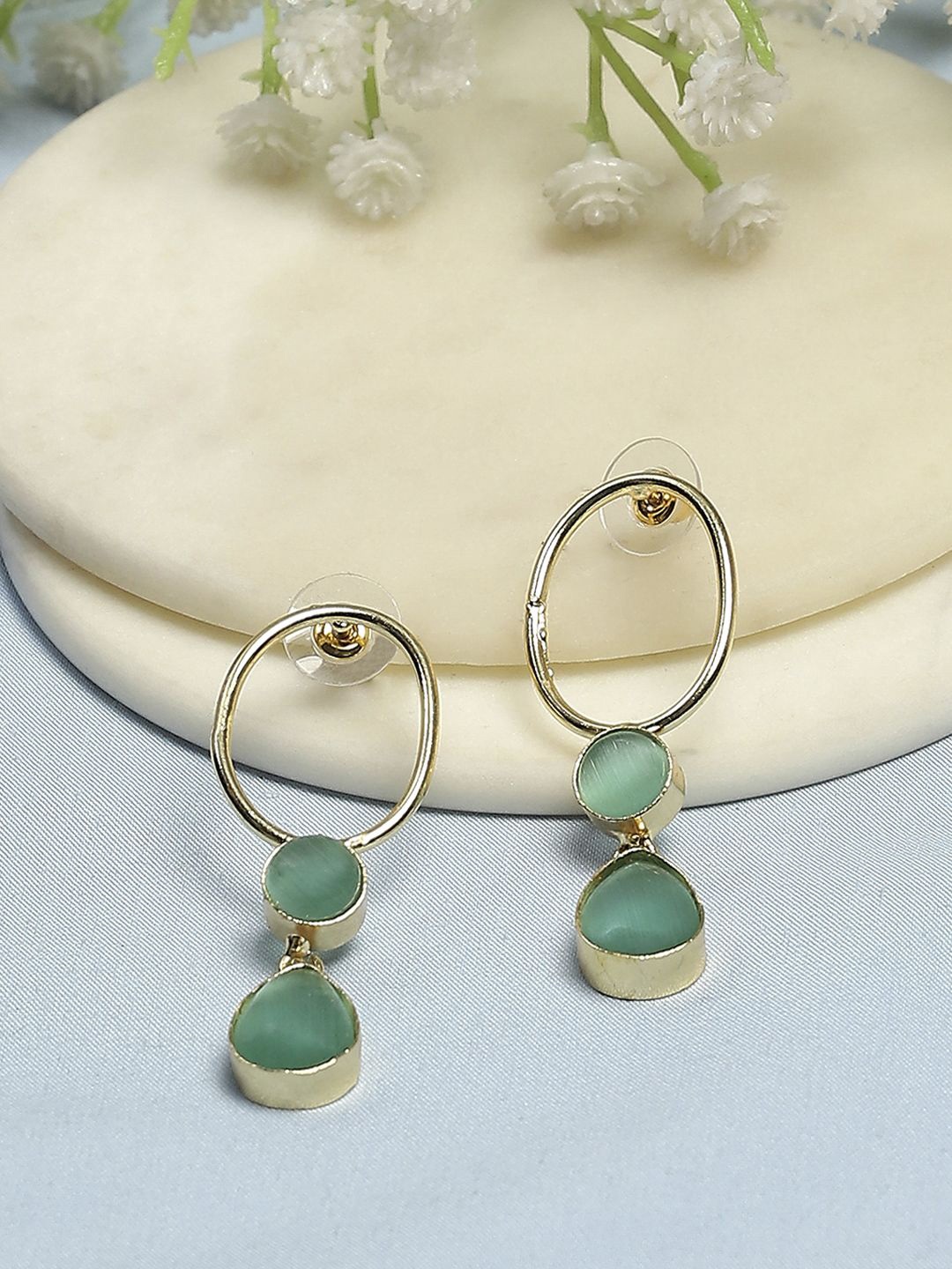 

Biba Gold-Plated Cats Eye Stone Studded Contemporary Shaped Drop Earrings