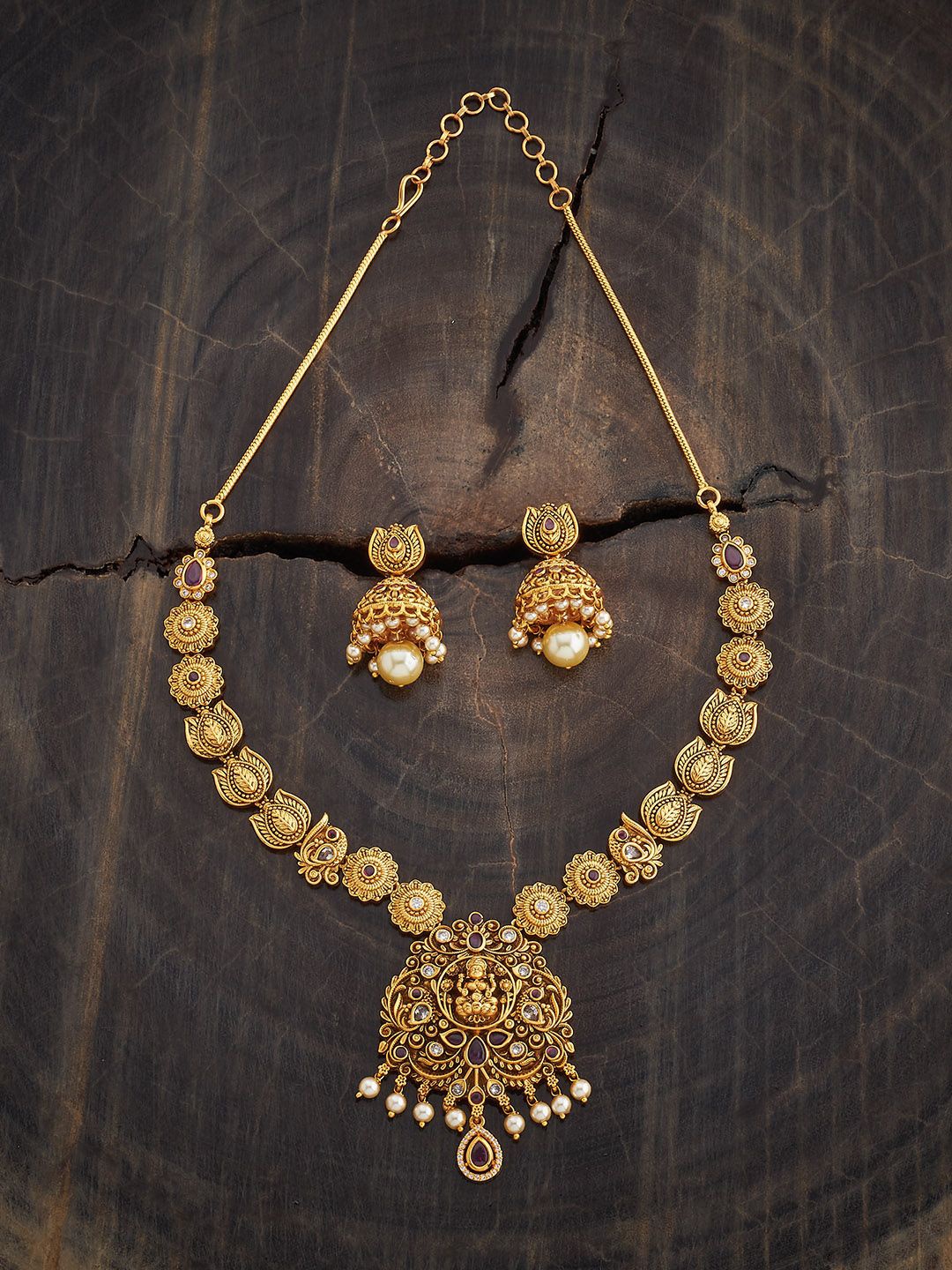 

Kushal's Fashion Jewellery Ruby Gold-Plated Stone Studded & Beaded Antique Jewellery Set