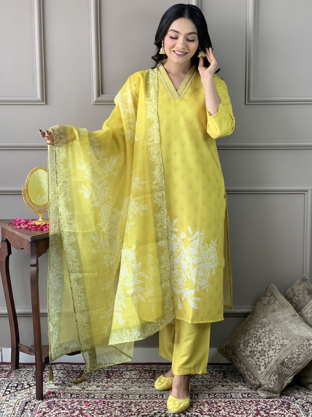 

Lilots Floral Printed Regular Thread Work Muslin Straight Kurta With Trouser & Dupatta, Yellow