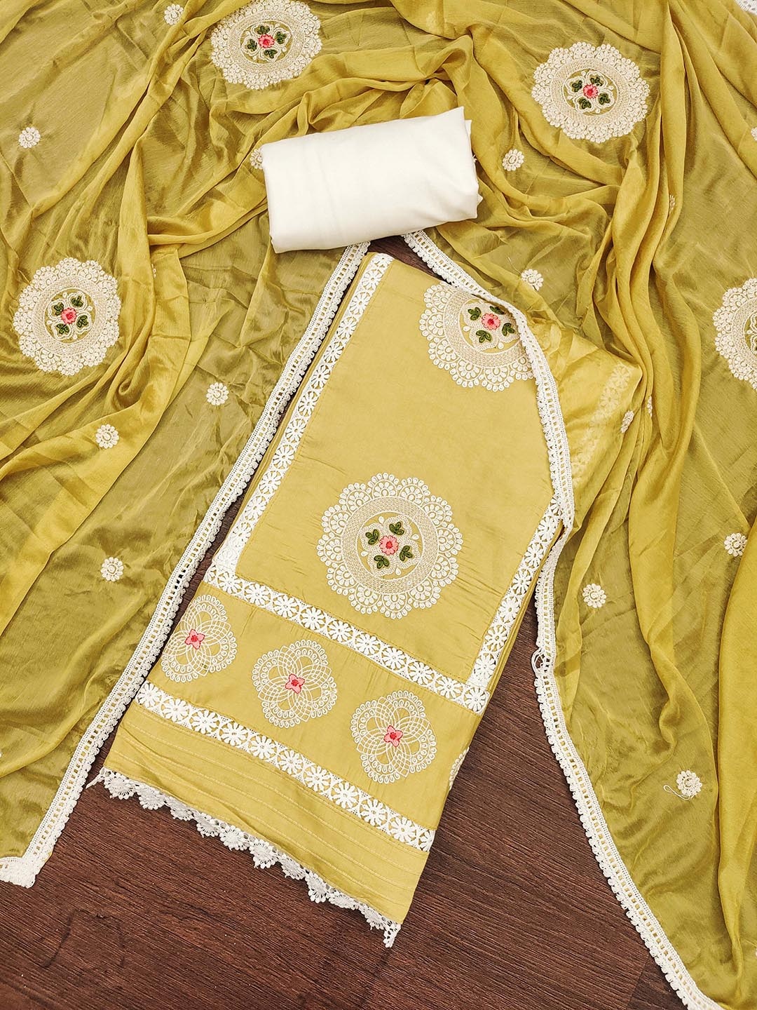 

SAINOOR Floral Embroidered Pure Silk Semi-Stitched Dress Material, Yellow