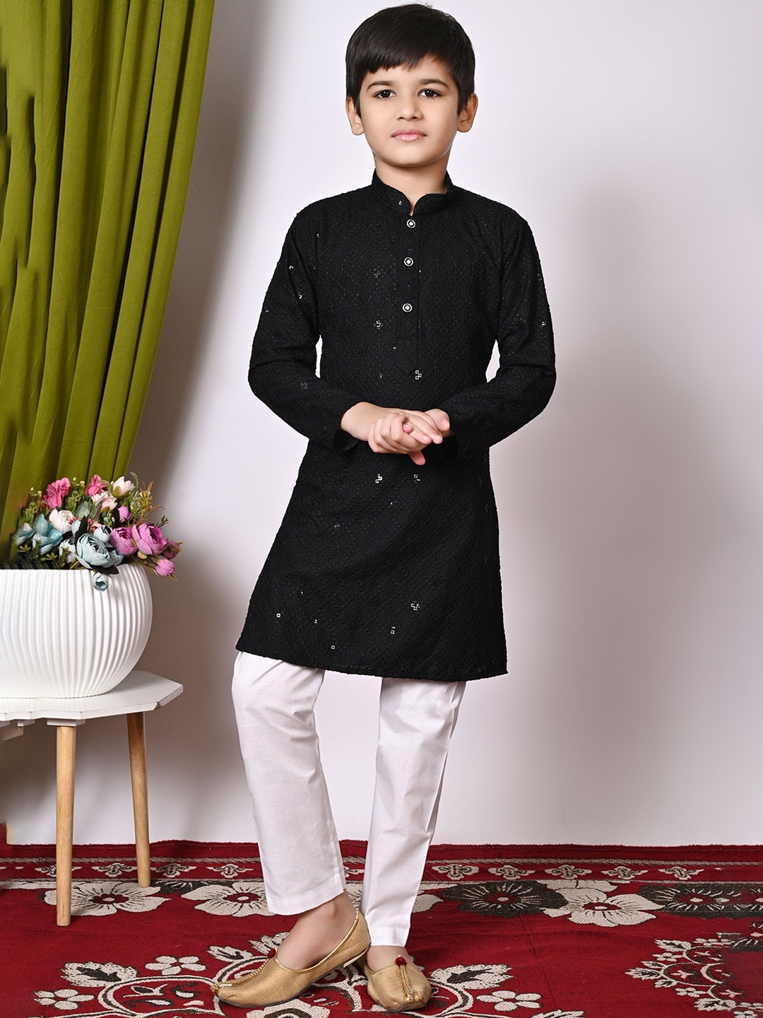 

Cae Boys Geometric Embroidered Sequinned Mandarin Collar Kurta With Pyjamas, Black