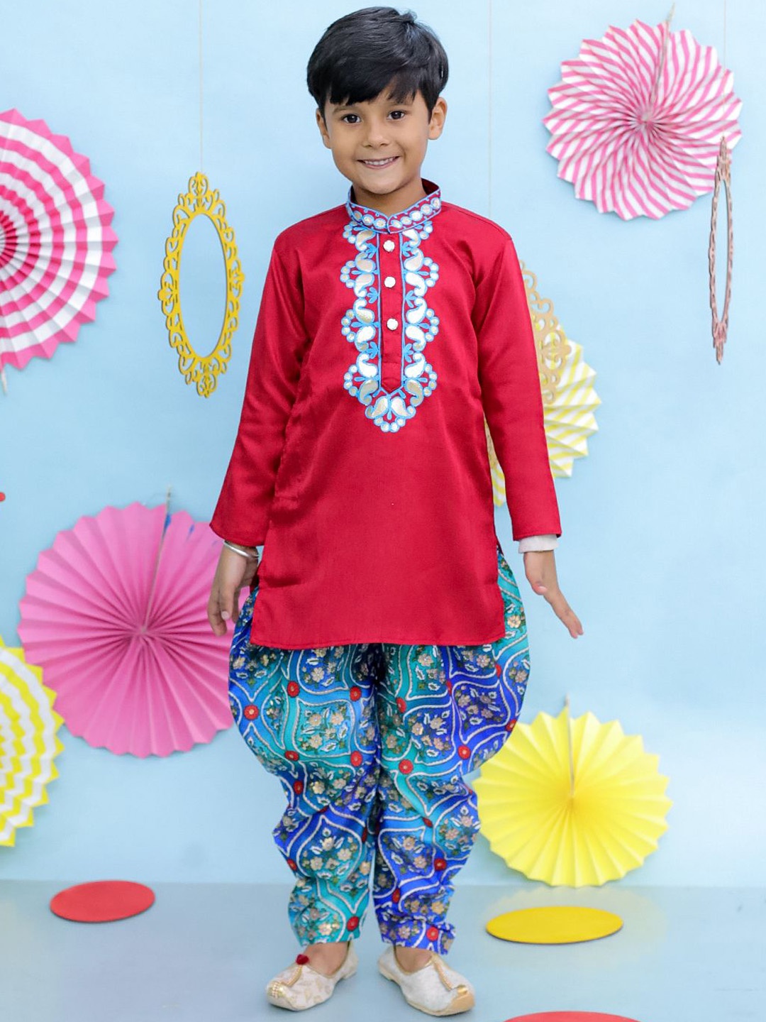 

KID1 Boys Gotta Patti Work Mandarin Collar Kurta With Dhoti Pants, Red