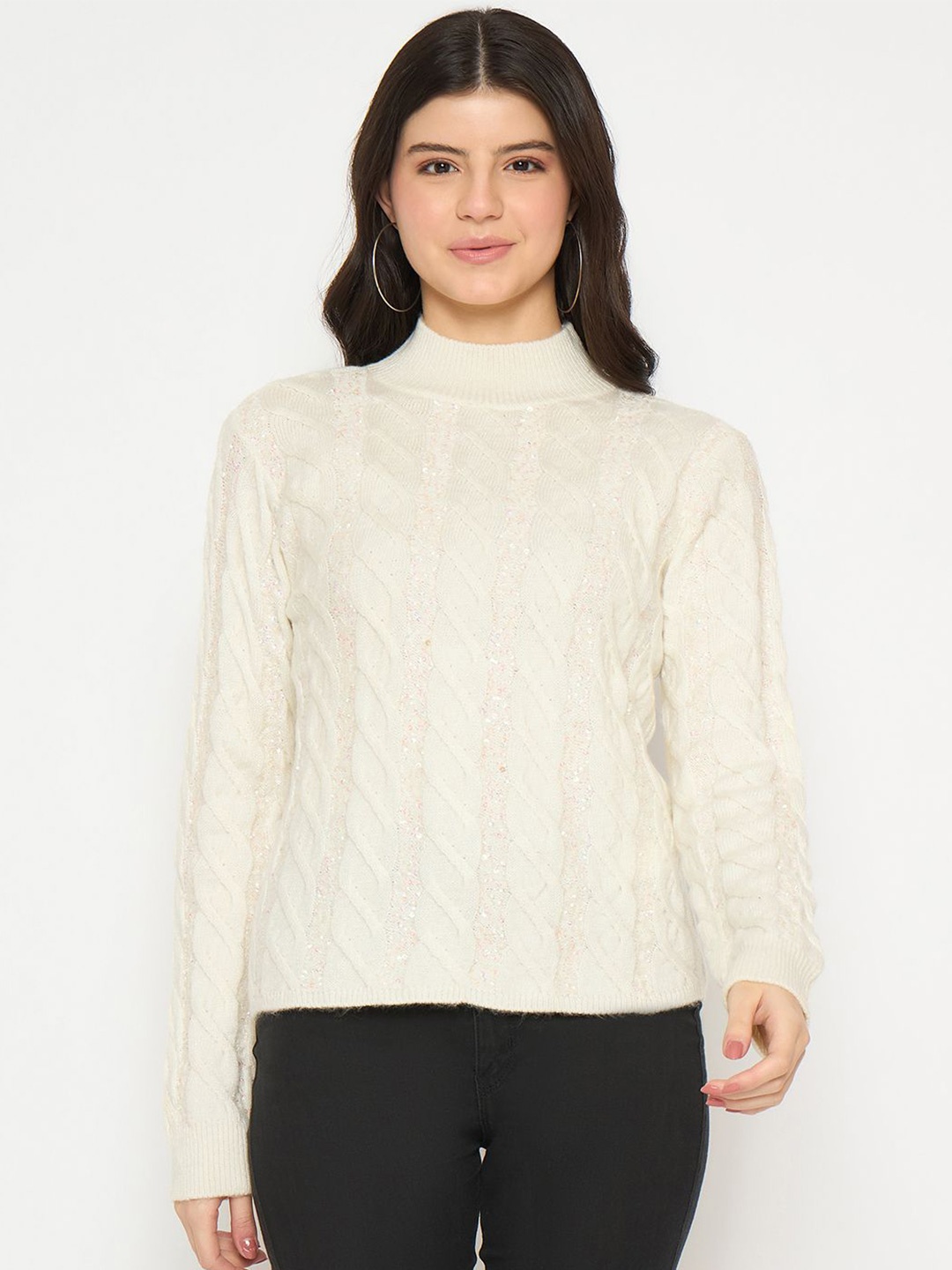 

Madame Women Self Design Pullover Sweater, Off white