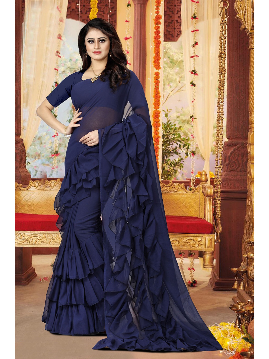 

AMK FASHION Poly Georgette Saree, Navy blue