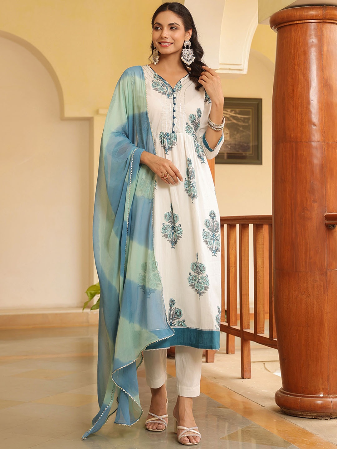 

KALINI Floral Printed Pure Cotton A-Line Kurta With Trouser And Dupatta, White