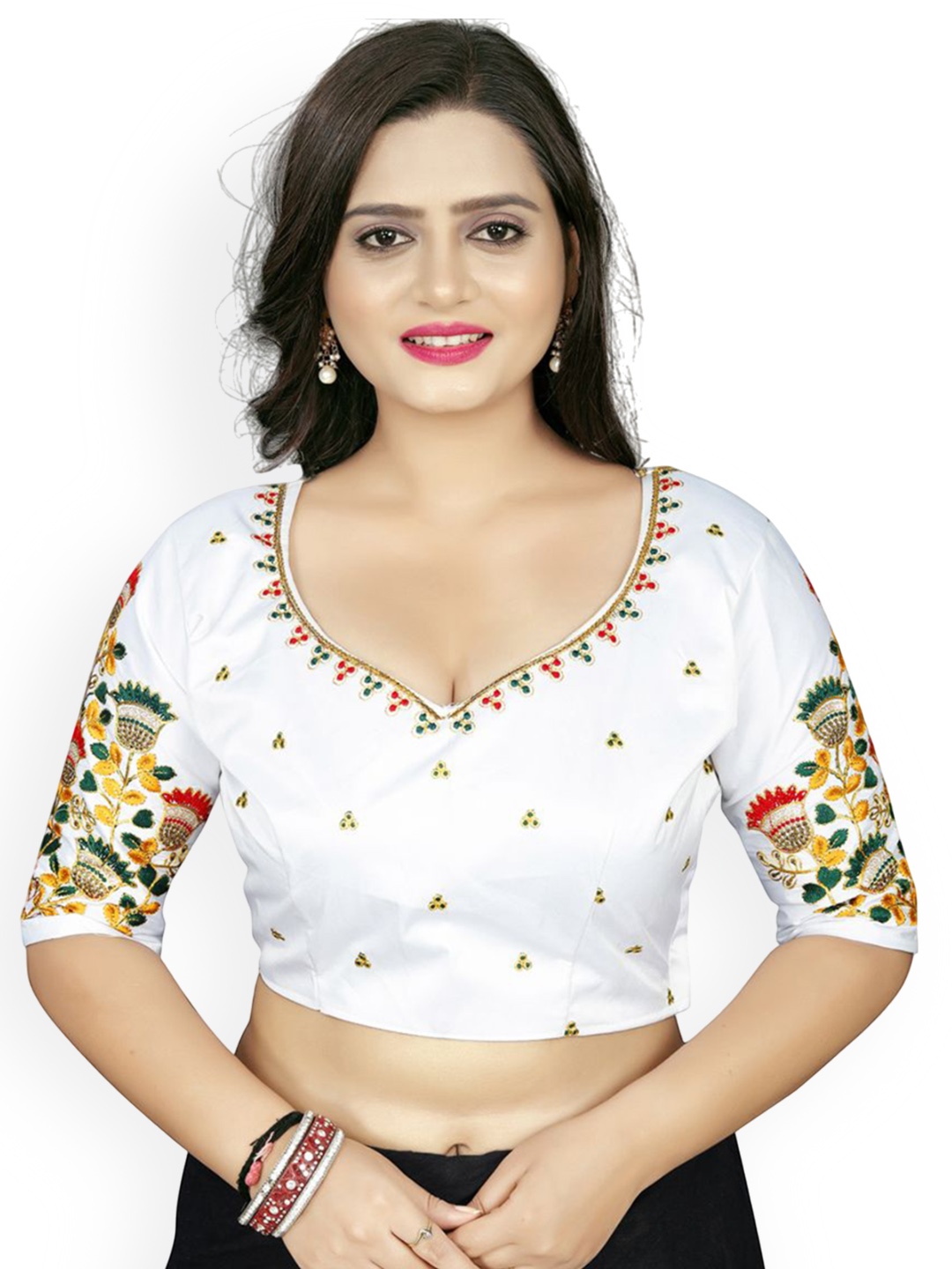 

SILKWEAR Embroidered Satin Silk V Neck Saree Blouse, White