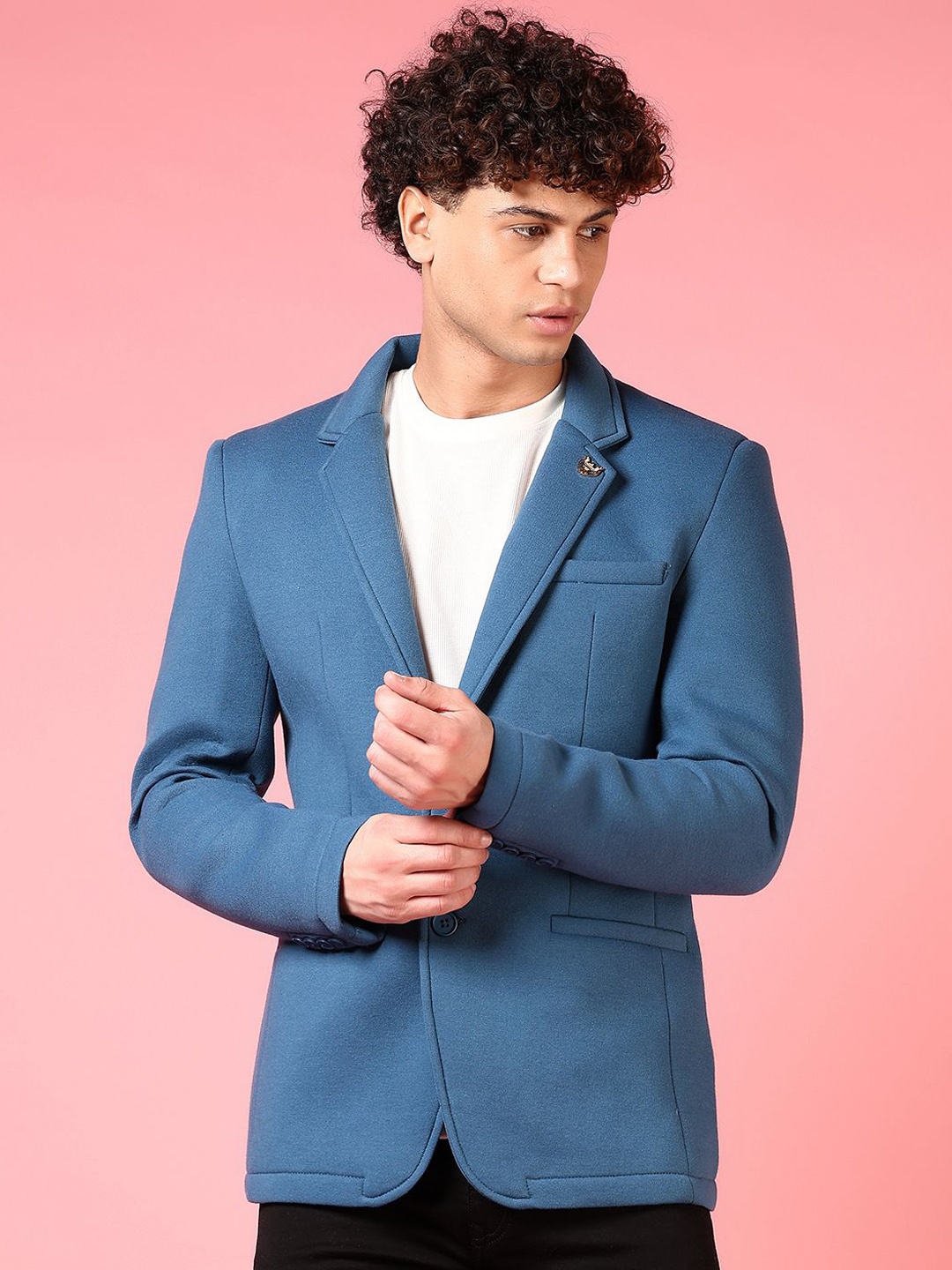 

V-Mart Cotton Notched Lapel Single Breasted Blazer, Teal