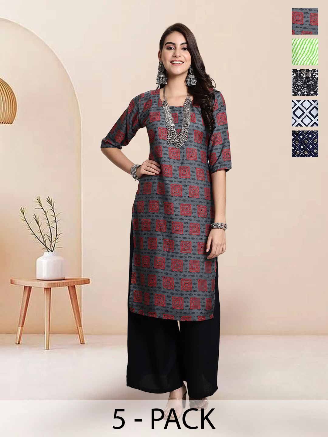 

7Threads Selection of 5 Geometric Printed Round Neck Straight Kurtas, Grey