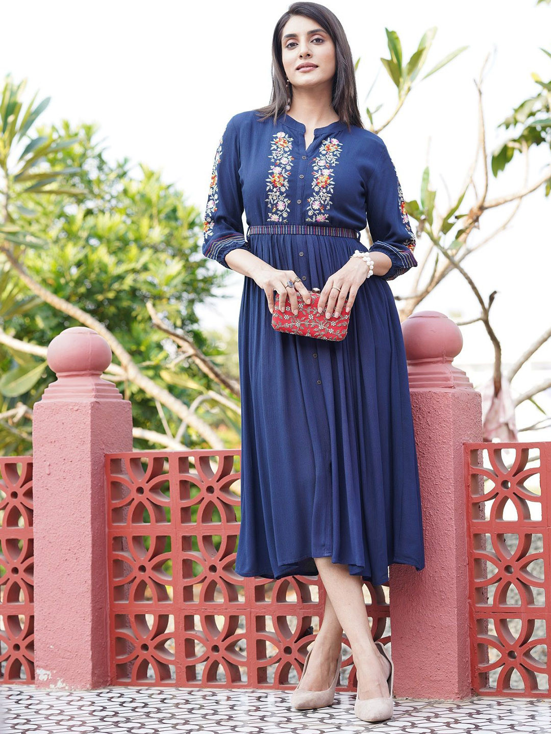 

KODILA ENTERPRISE Floral Embroidered Mandarin Collar Pleated Ethnic Dress, Blue