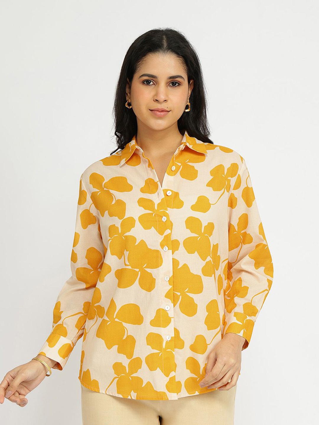 

Pink Fort Floral Print Cotton Shirt Style Top, Off white