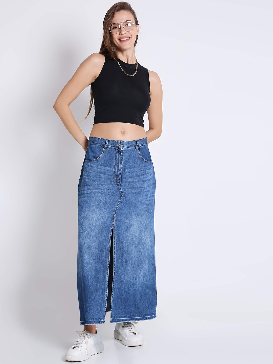 

French Theory Denim Long Pencil Skirt, Blue