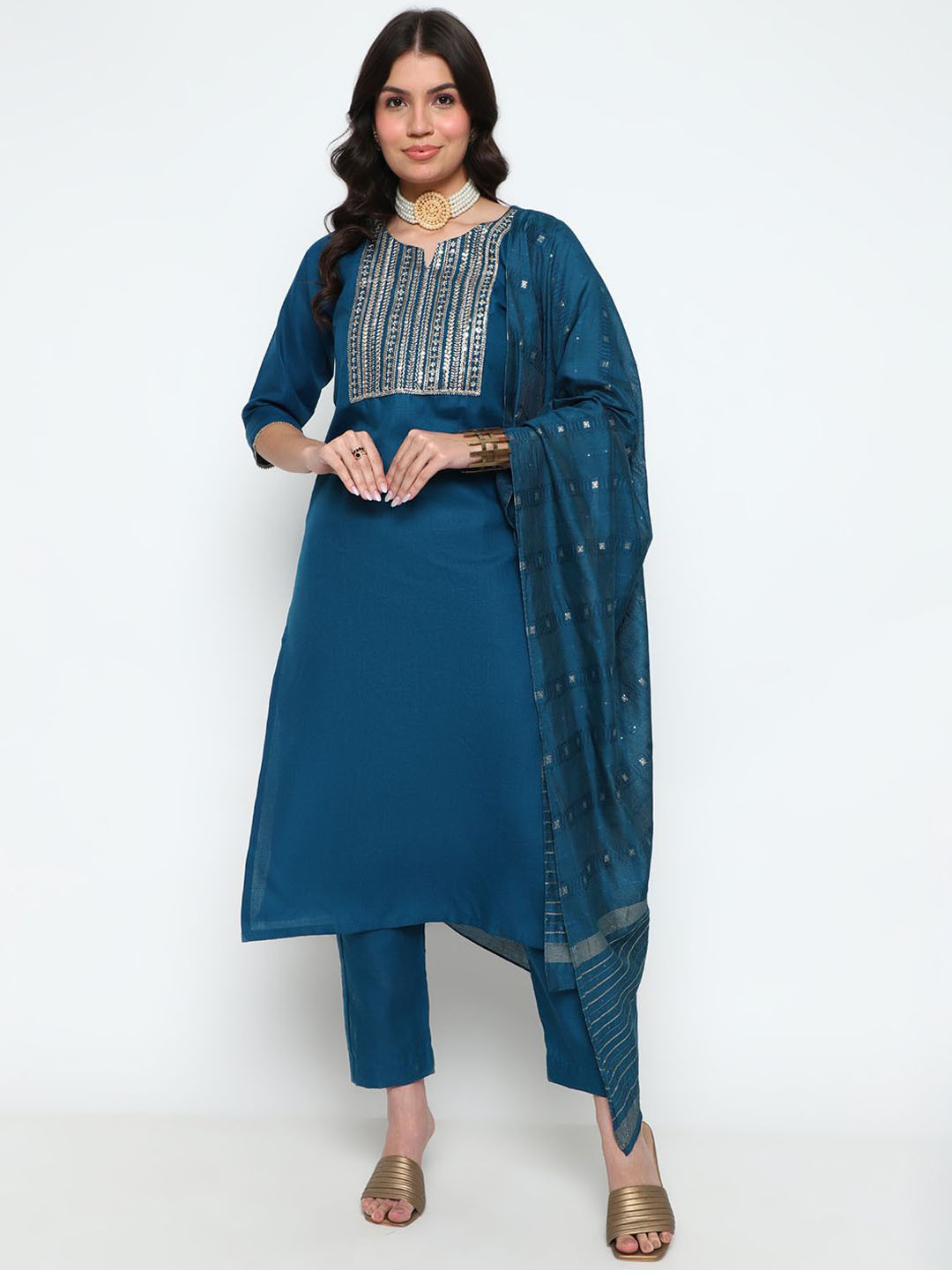 

KALINI Floral Embroidered Notch Neck Straight Kurta With Trousers & Dupatta, Teal