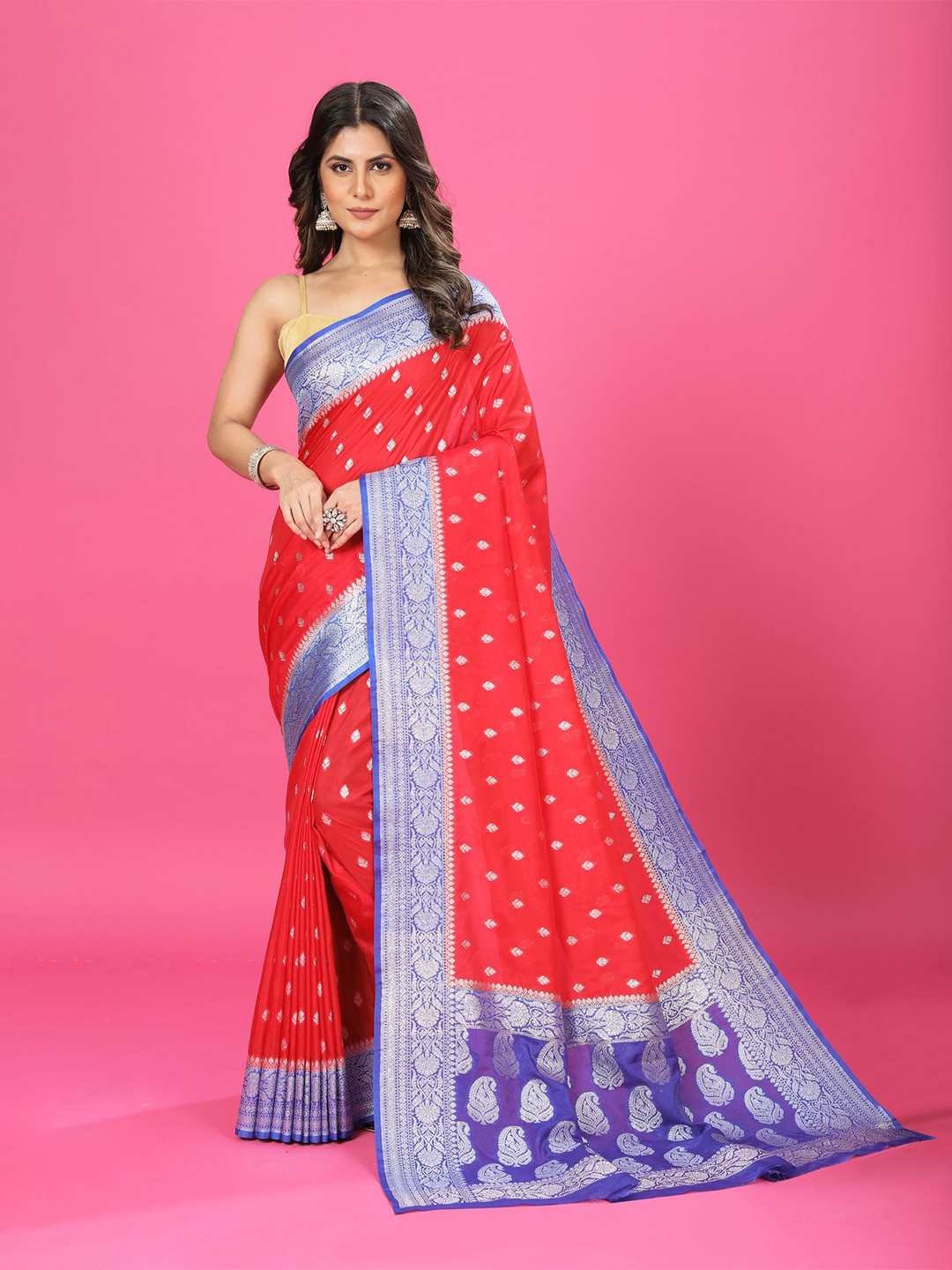 

CRAFTYSTYLES Woven Design Zari Pure Silk Banarasi Saree, Red