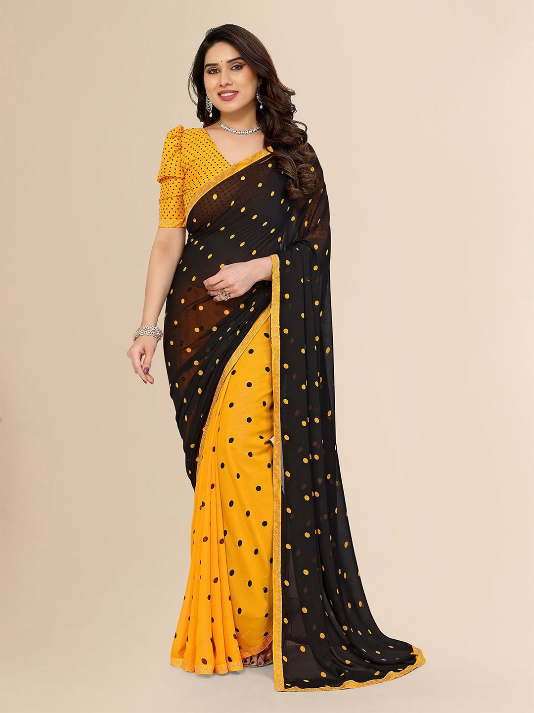 

Moda Rapido Polka Dot Beads and Stones Saree, Yellow