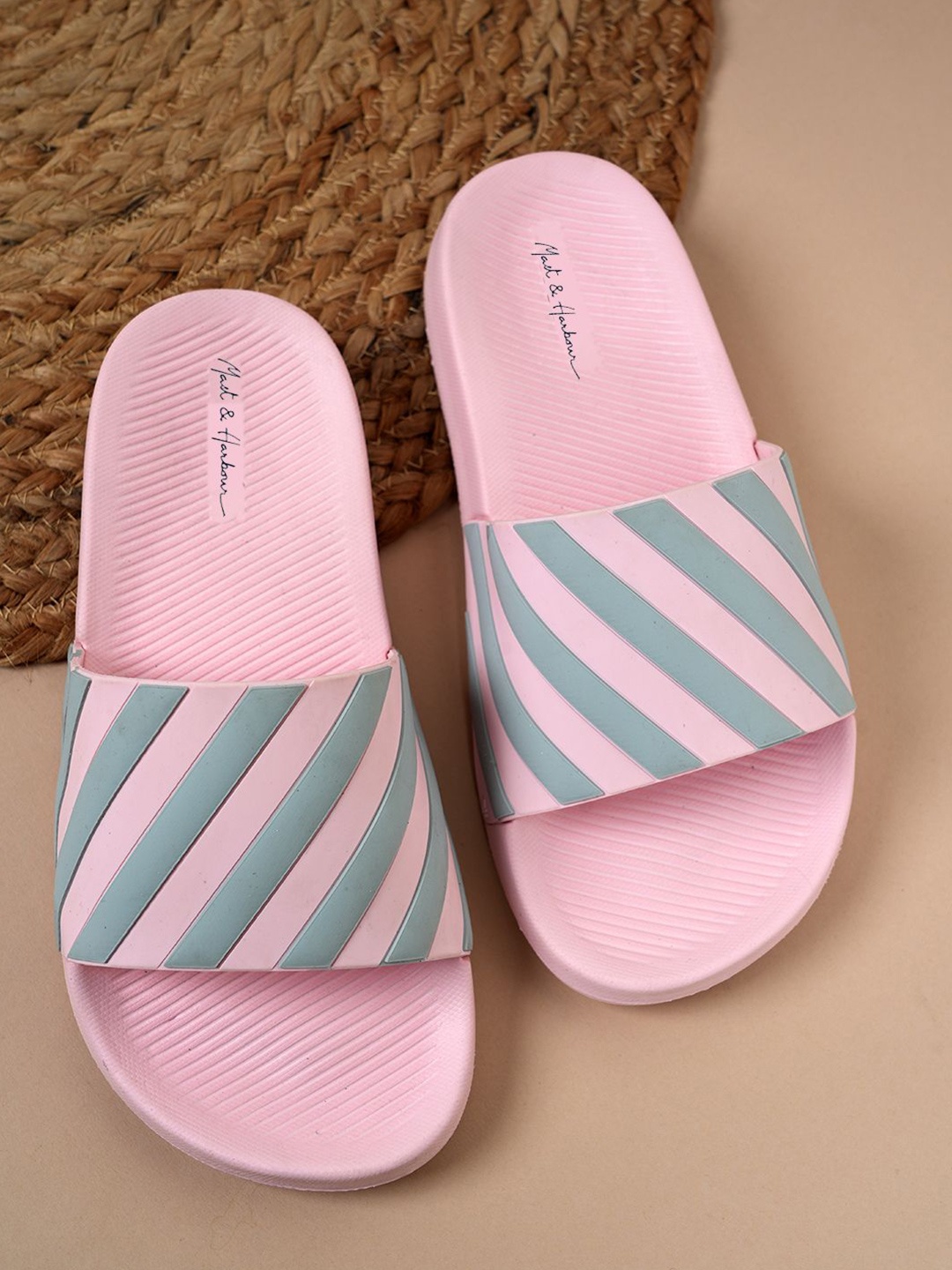 

Mast & Harbour Women Striped Rubber Sliders, Pink