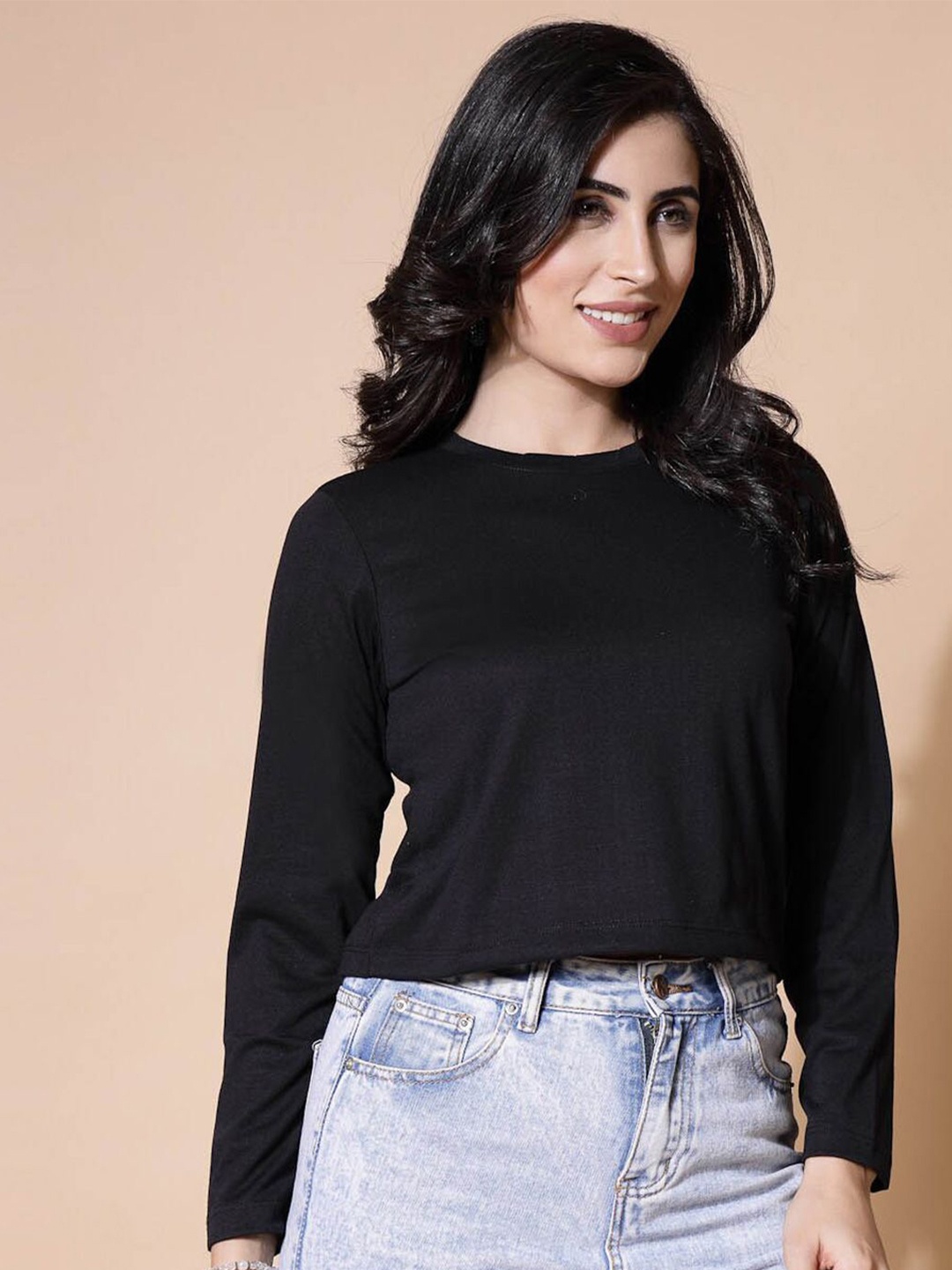 

DressBerry Women Round Neck Long Sleeves Cotton Regular Top, Black