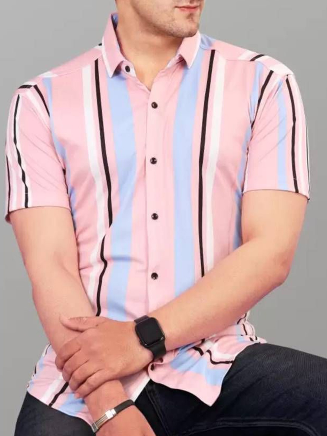 

iCome Men Classic Opaque Striped Casual Shirt, Pink