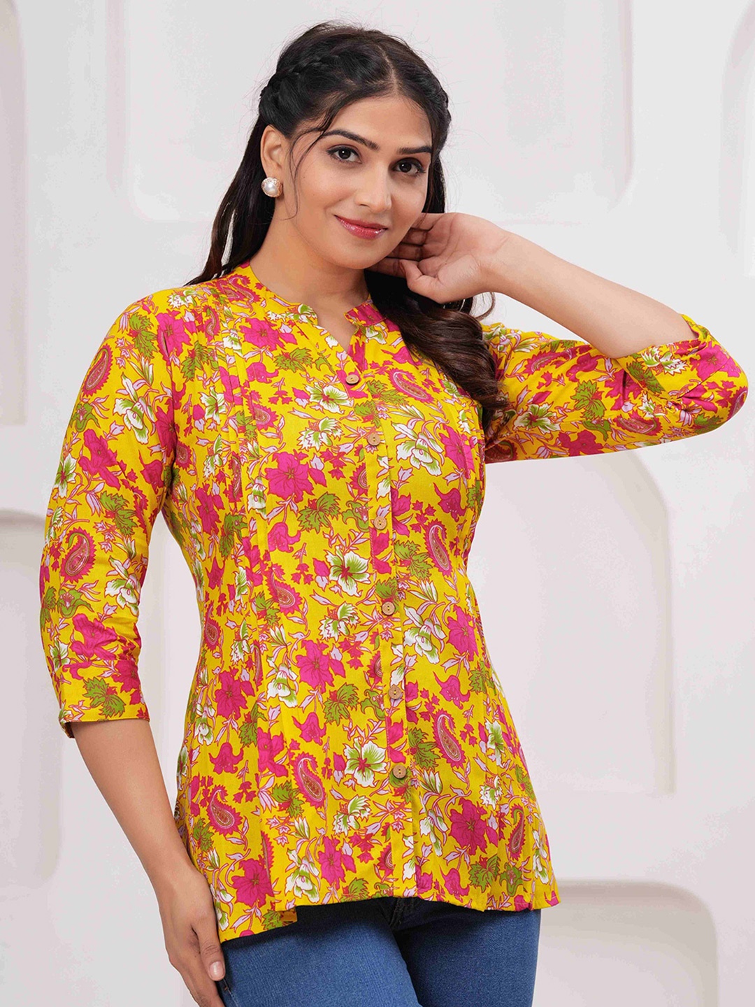 

Aktasa Floral Print Mandarin Collar Top, Yellow