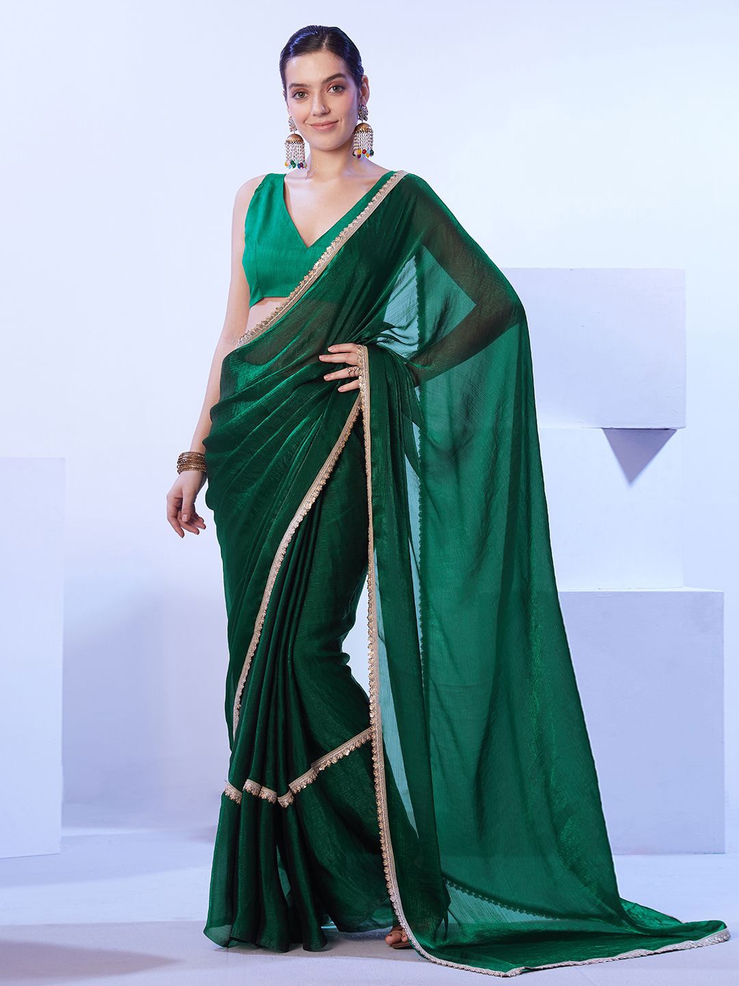 

Mitera Sequinned Organza Saree, Green