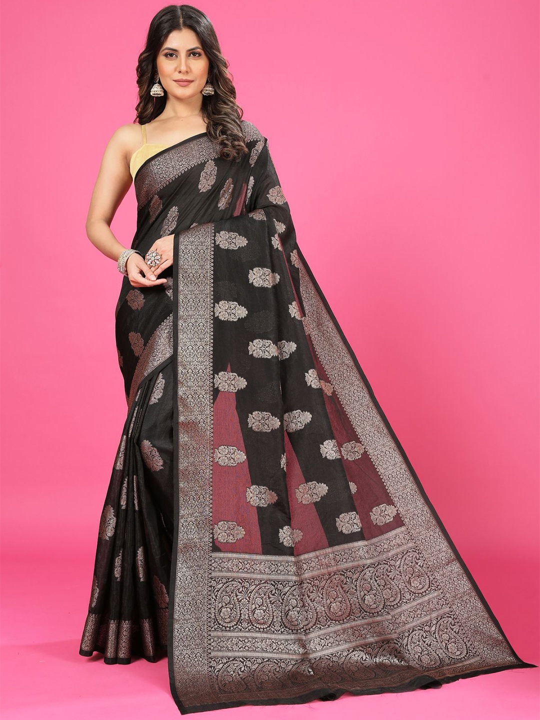 

CRAFTYSTYLES Woven Design Zari Pure Chiffon Banarasi Saree, Black