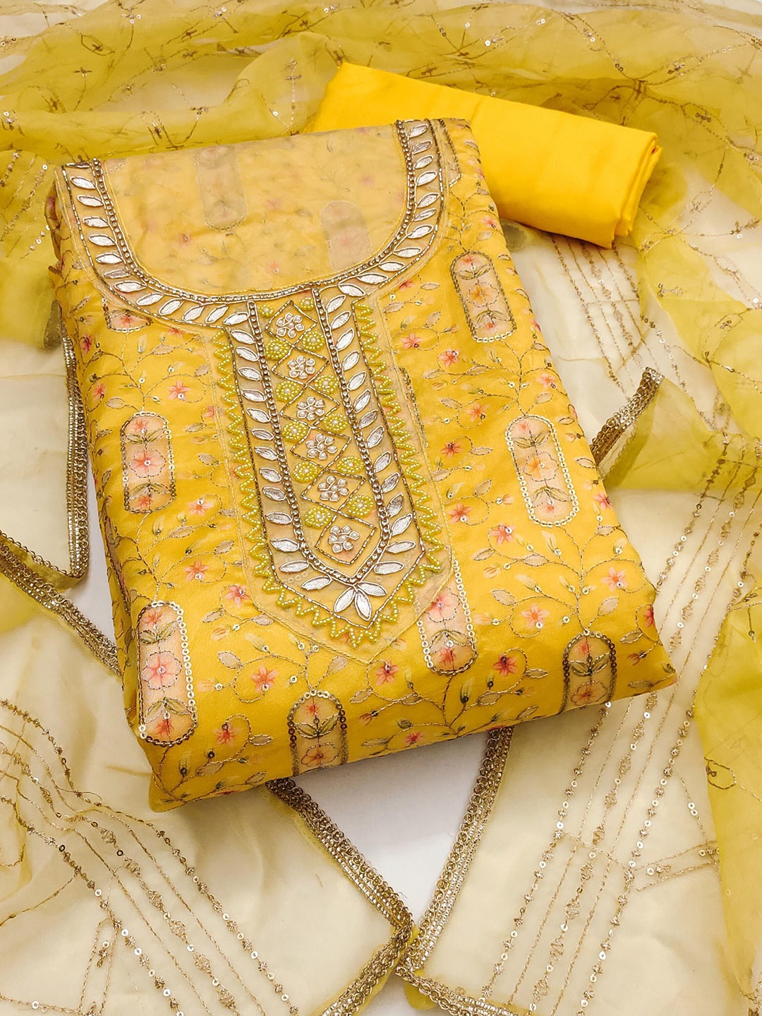 

SAINOOR Floral Embroidered Organza Untitched Dress Material, Yellow