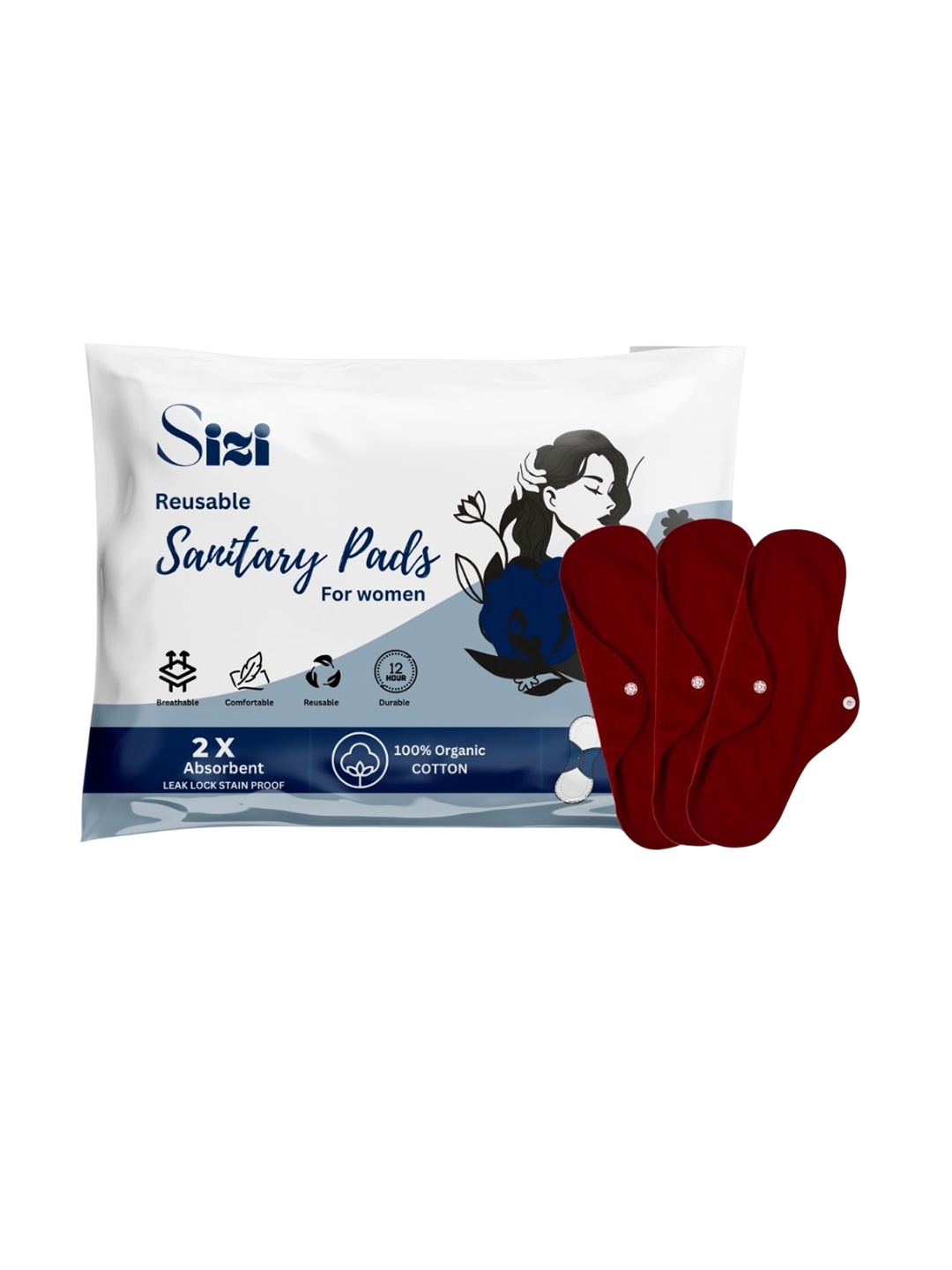 

Sizi Super Absorbent Washable & Reusable Eco-Friendly Sanitary Pads- 3 Pads- XL, Maroon