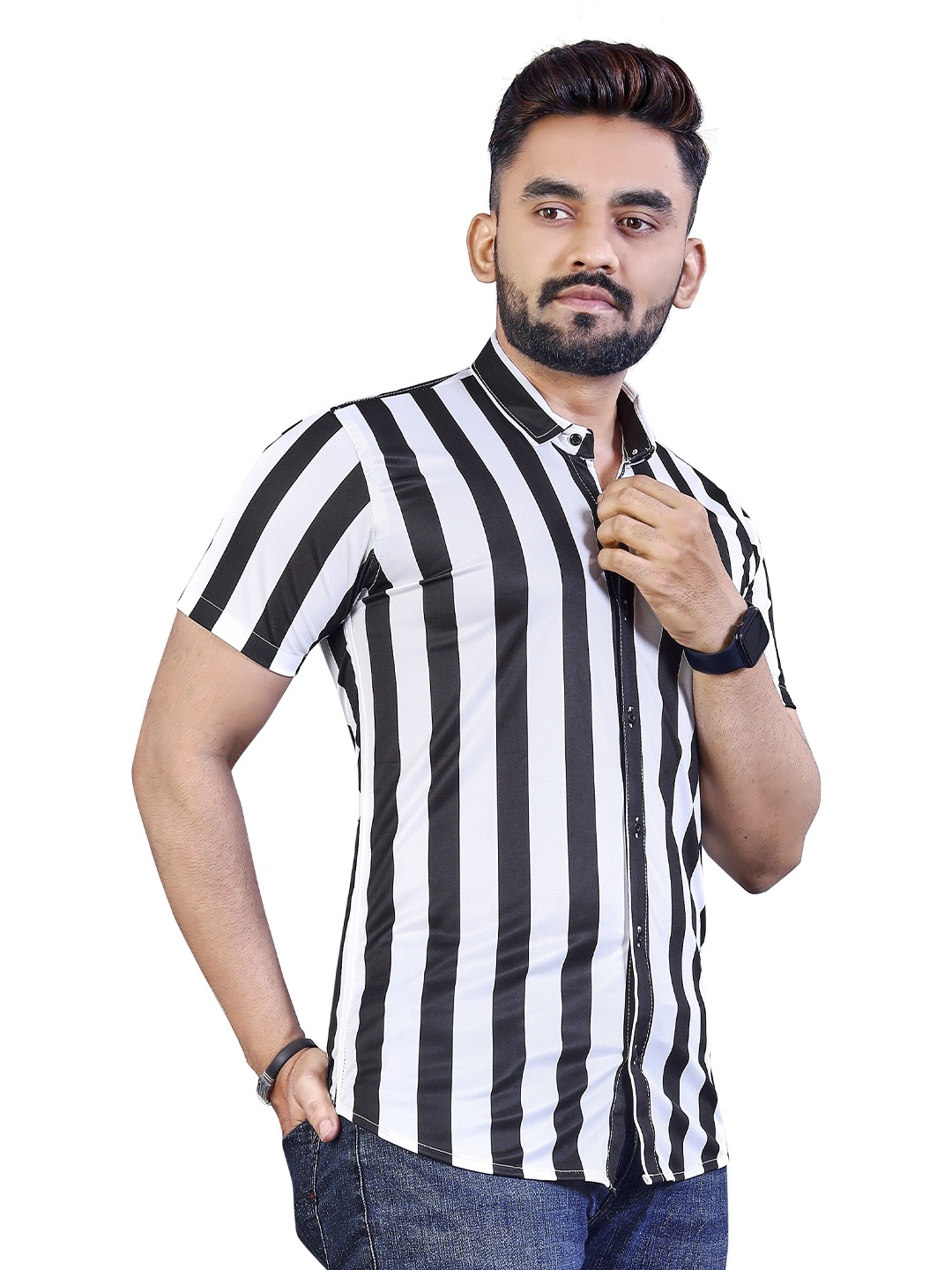 

iCome Men Classic Opaque Striped Casual Shirt, White