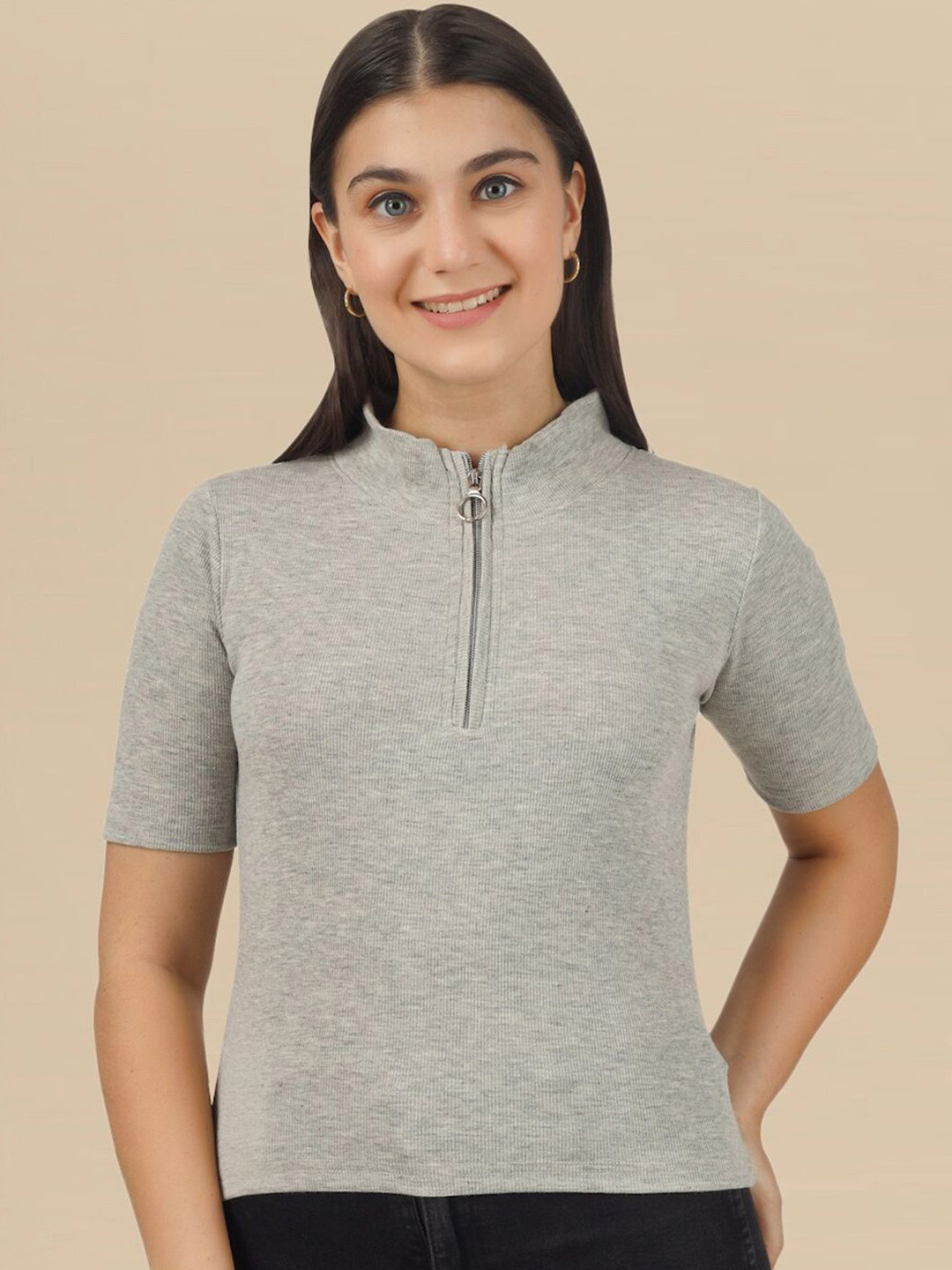 

DressBerry Women High Neck Ribbed Fitted Top, Grey