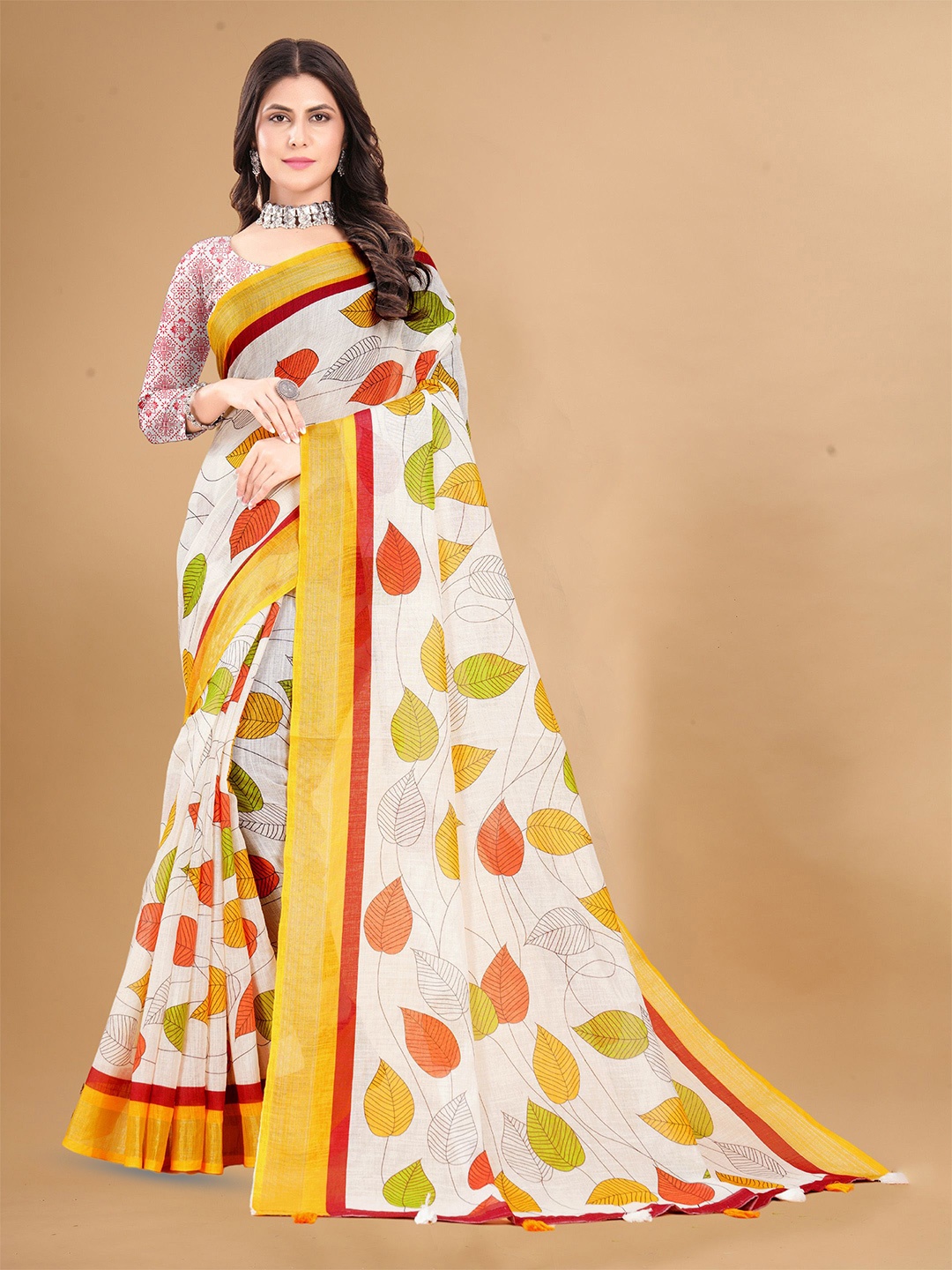 

Anouk Floral Printed Zari Saree With Unstitched Blouse Piece, Cream