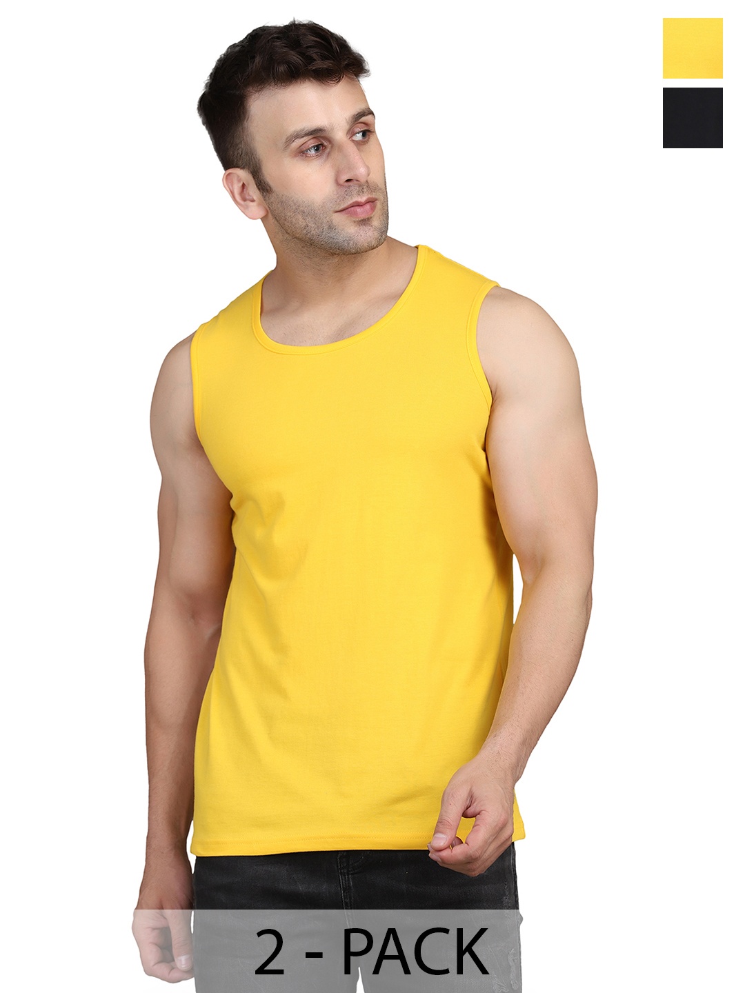 

WOOSTRO Men Pack Of 2 Solid Round Neck Cotton Slim Fit T-shirts, Yellow