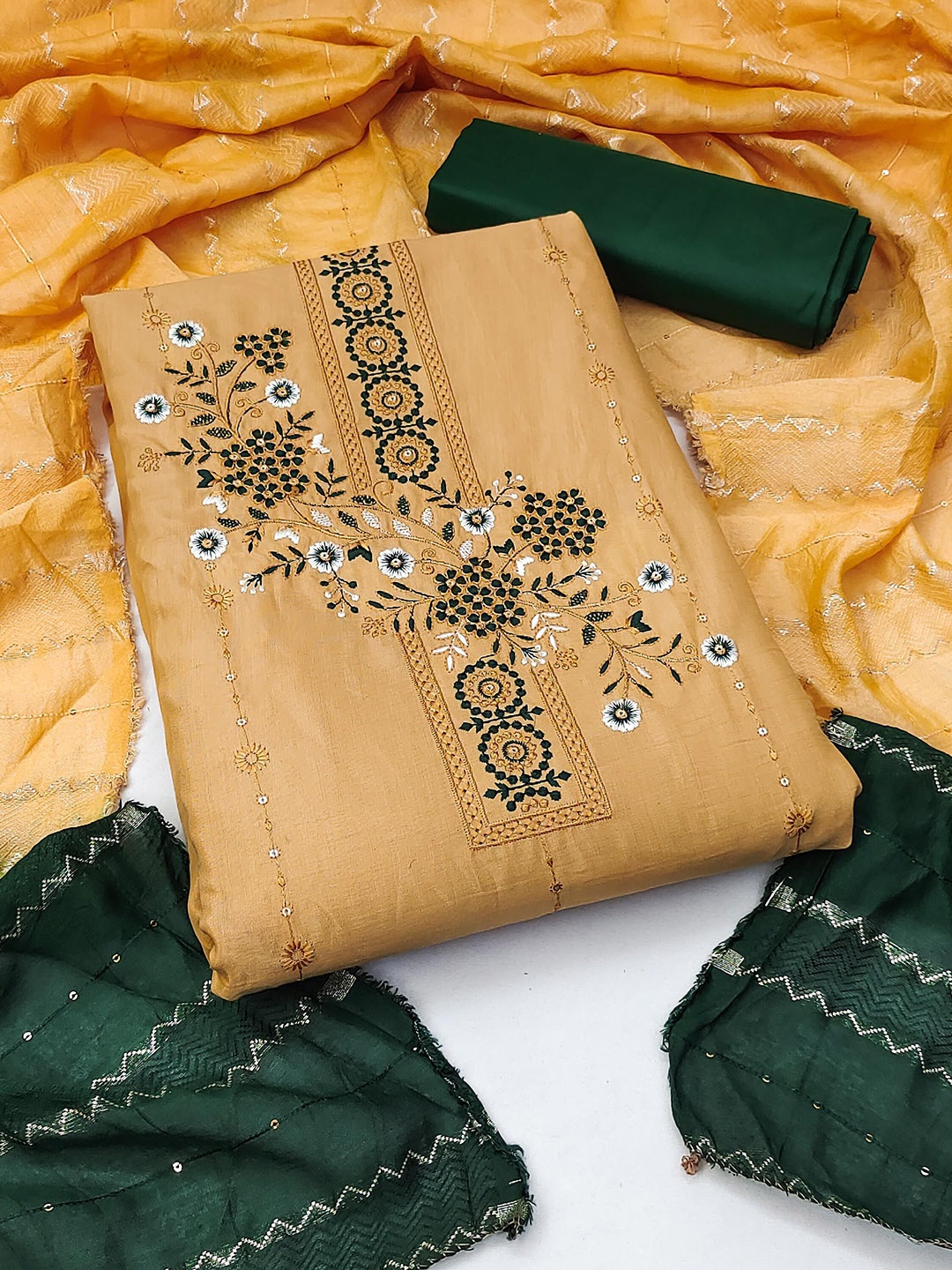 

SAINOOR Floral Embroidered Silk Cotton Unstitched Dress Material, Yellow