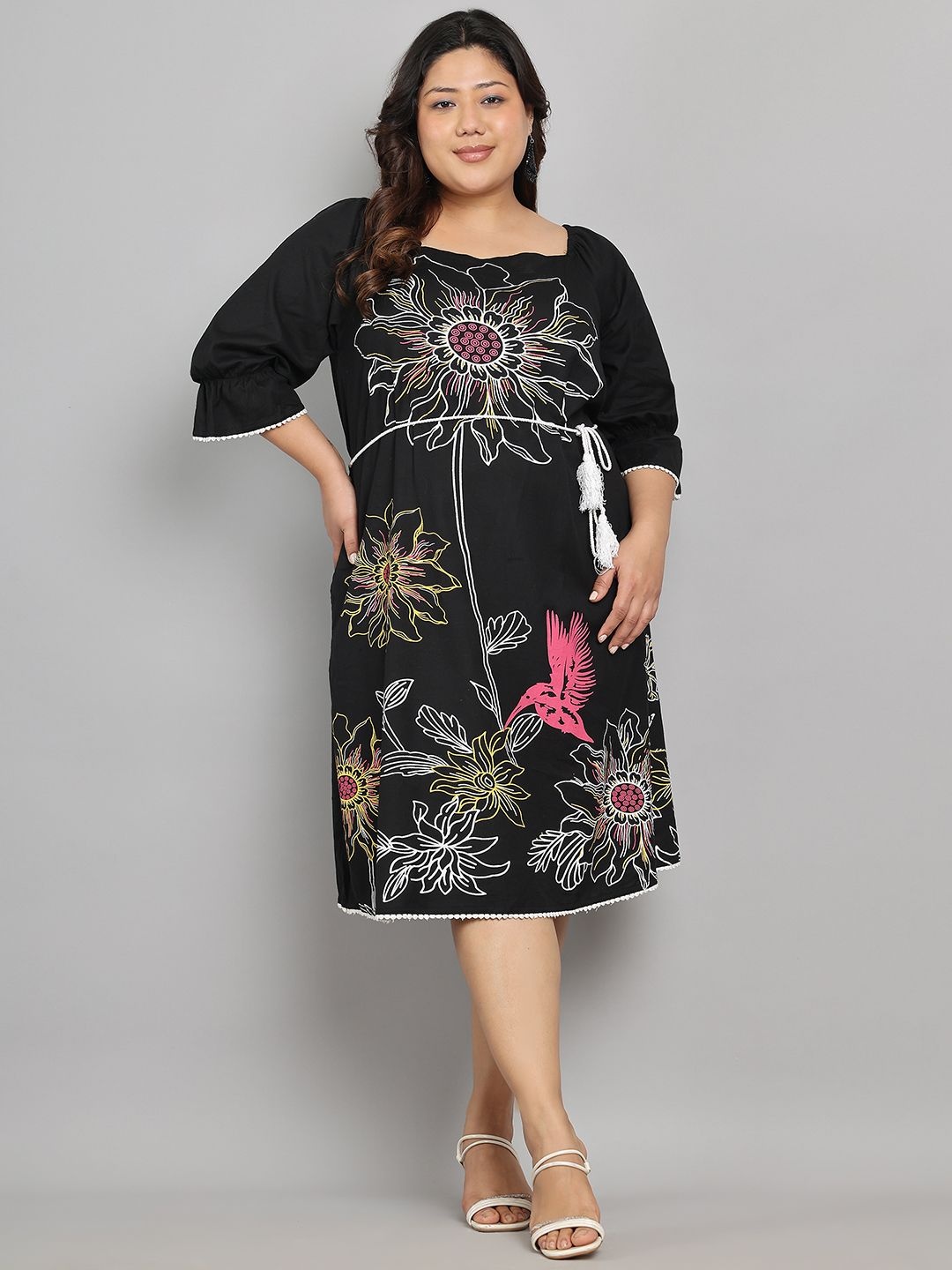 

Tulsattva Floral Print Fit & Flare Midi Dress, Black