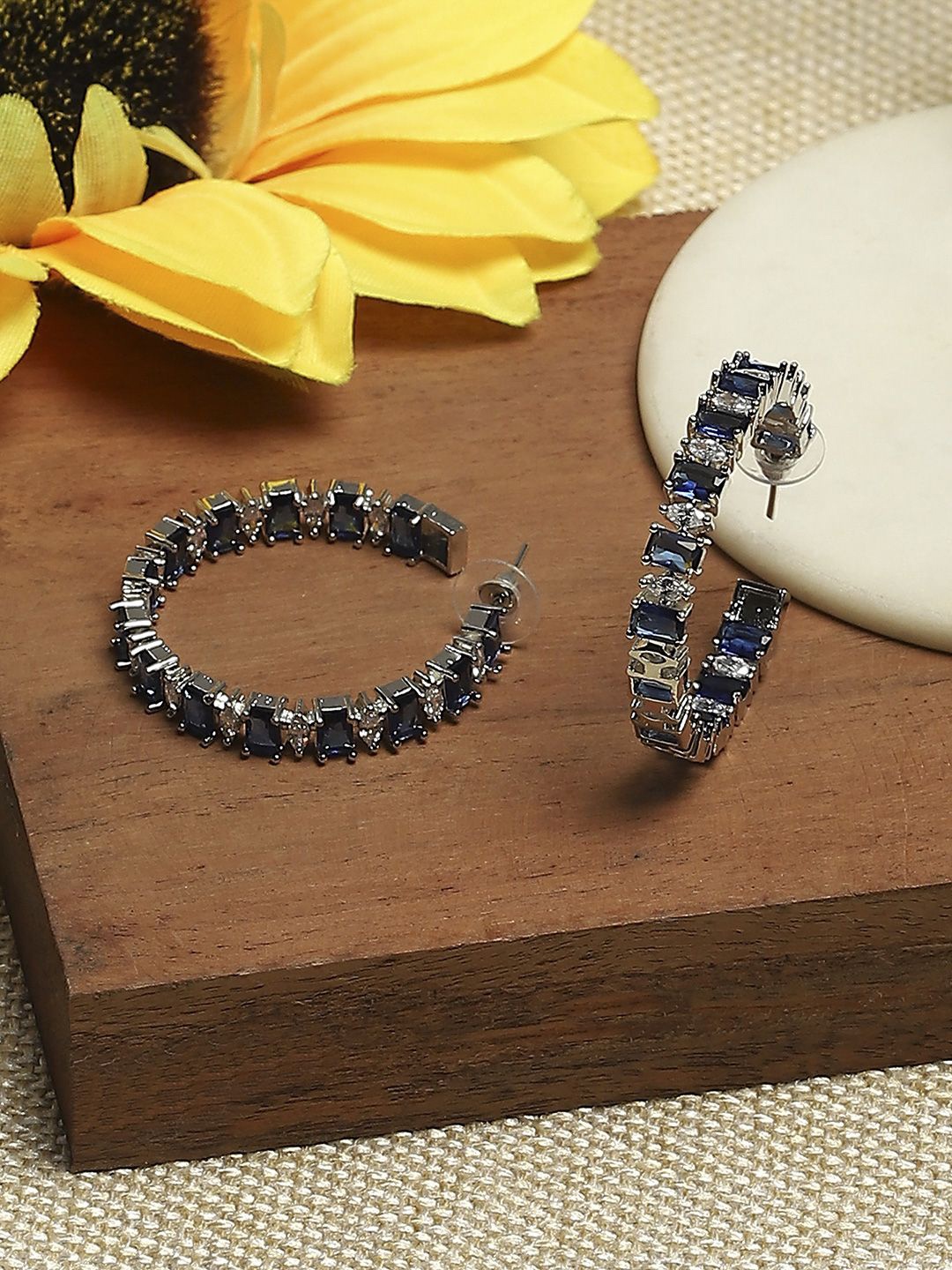 

Biba Silver-Plated Artificial Stones Studded Crescent Shaped Half Hoop Earrings