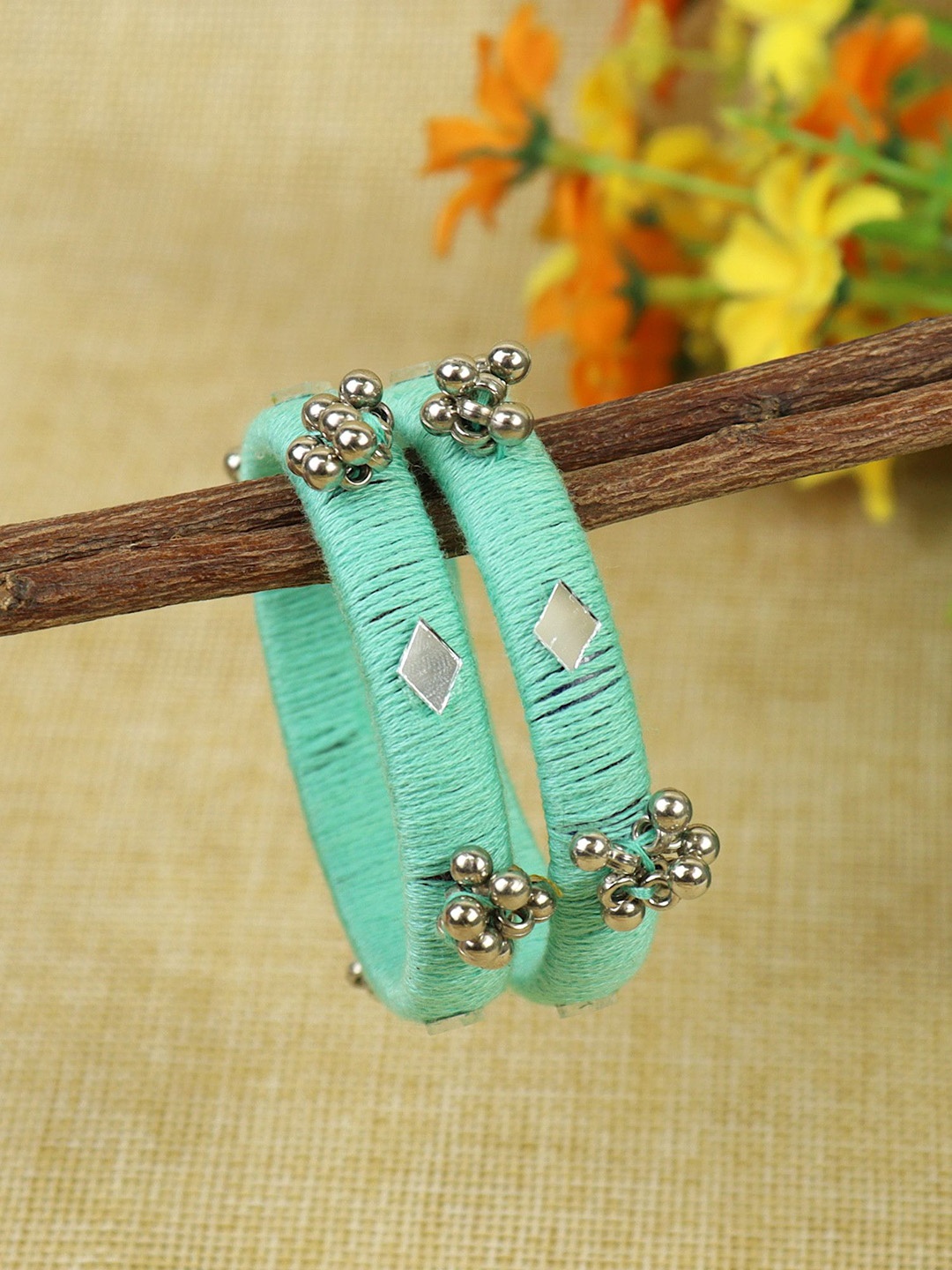 

Asthetika Kids Set Of 2 Ghungroo Mirror Thread Bangles, Green