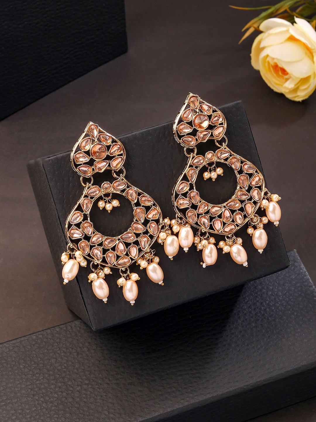 

Yellow Chimes Gold-Plated Kundan Studded Chandbalis Earrings Pearl Danglers