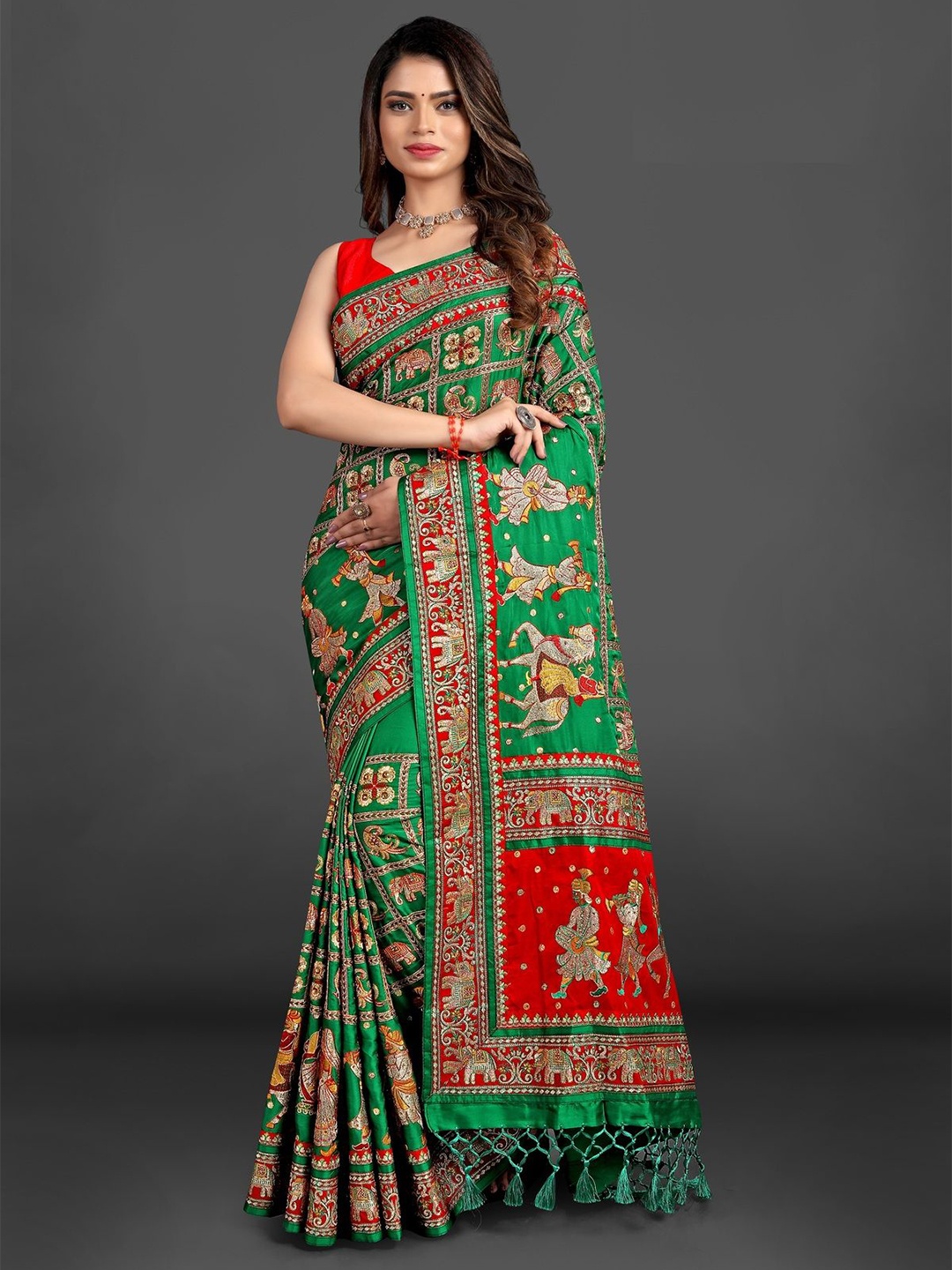 

CRAFTYSTYLES Ethnic Motifs Zari Silk Blend Saree, Green