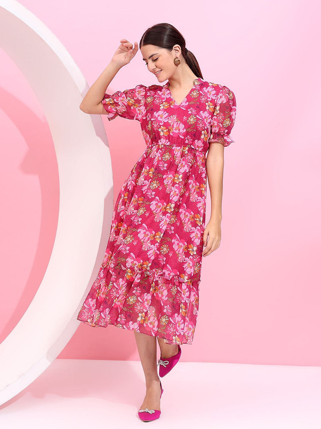 

Fbella Women Floral Printed V-Neck Puff Sleeves Midi Fit & Flare Dress, Red