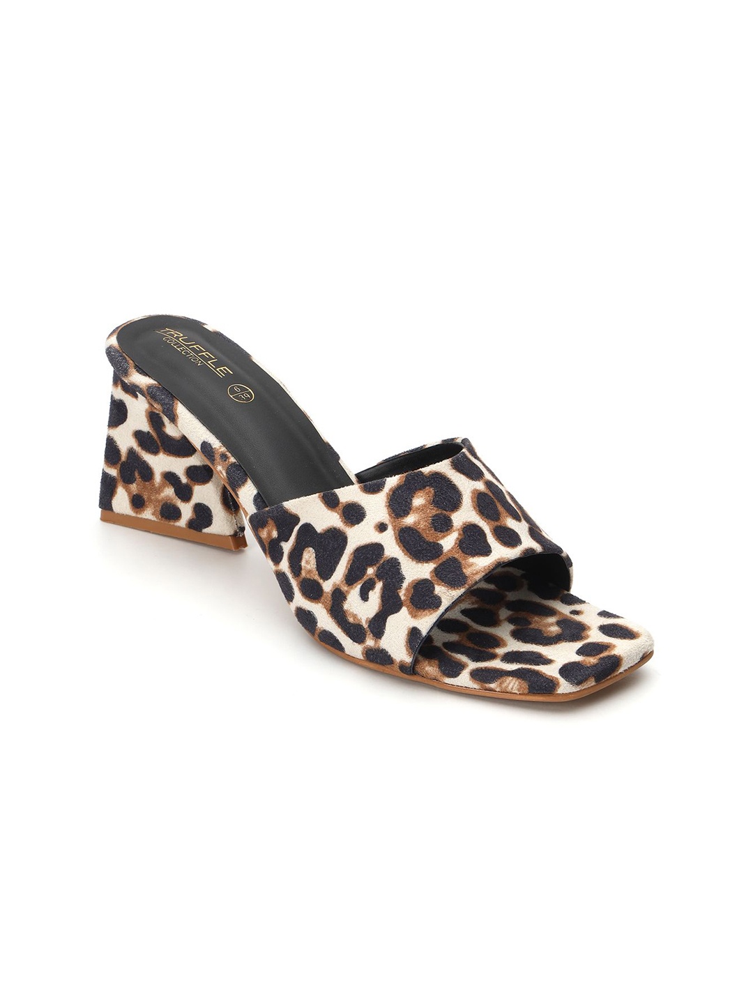 

Truffle Collection Printed Suede Block Mules with Buckles, Beige