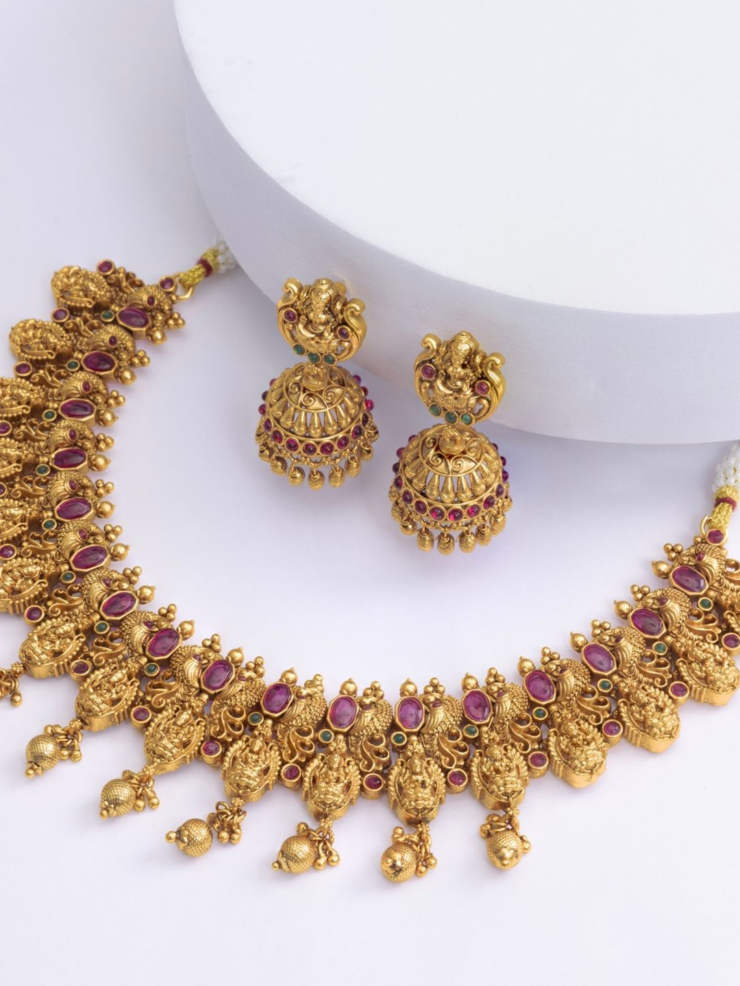 

South Temple Jewellery Gold-Plated Artificial Stones Studded Antique Jewellery Set