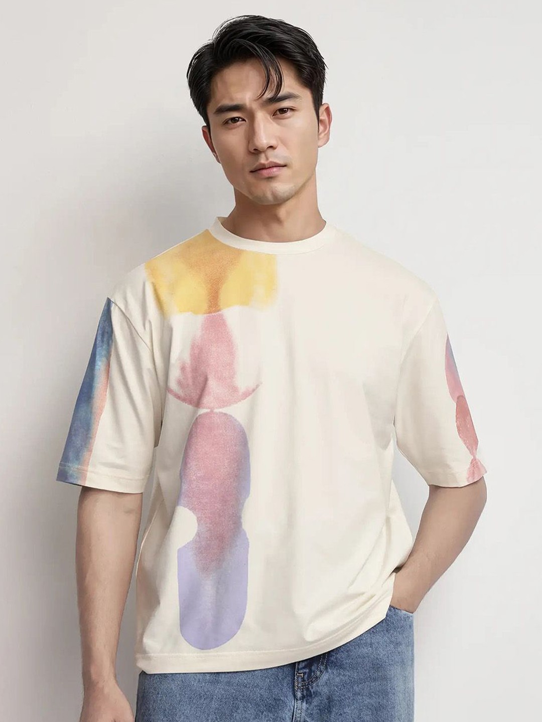 

RARE RABBIT Men Printed Pockets Boxy T-shirt, Off white