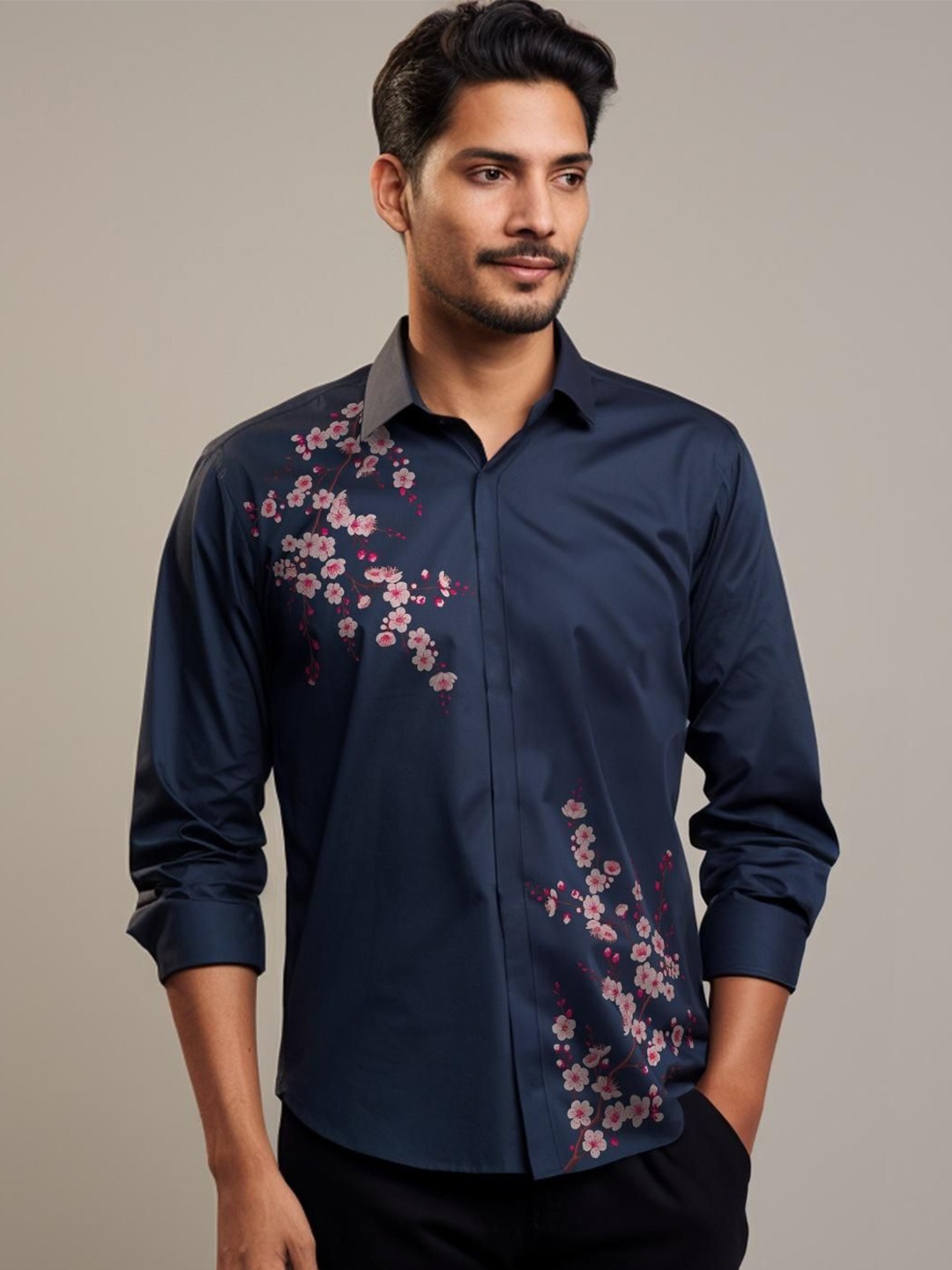 

HE SPOKE Men Smart Tailored Fit Floral Opaque Printed Casual Shirt, Navy blue