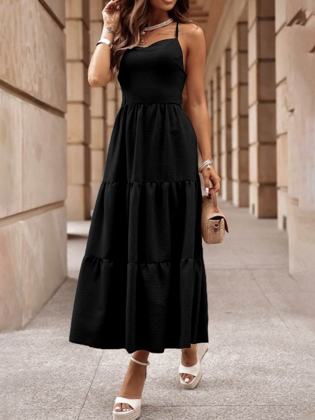 

Errabelly Women A-Line Maxi Lack Crossover Backless Bodice Tiered Maxi Dress, Black