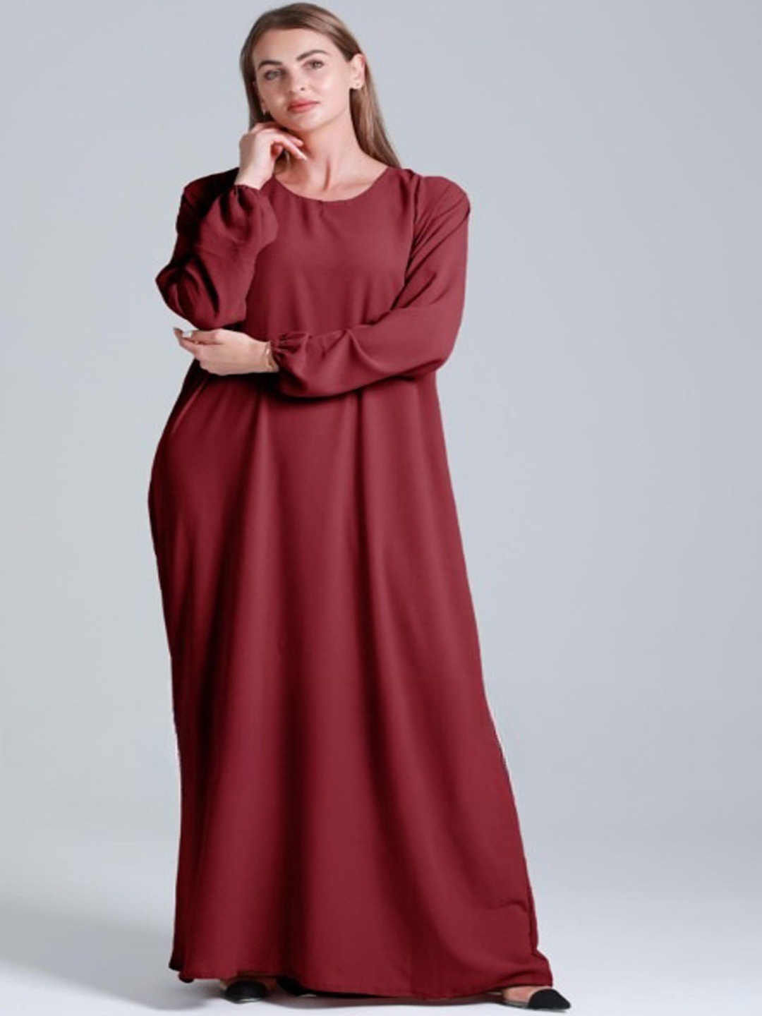 

BROKE BRAND Round Neck Long Sleeves Abaya, Maroon