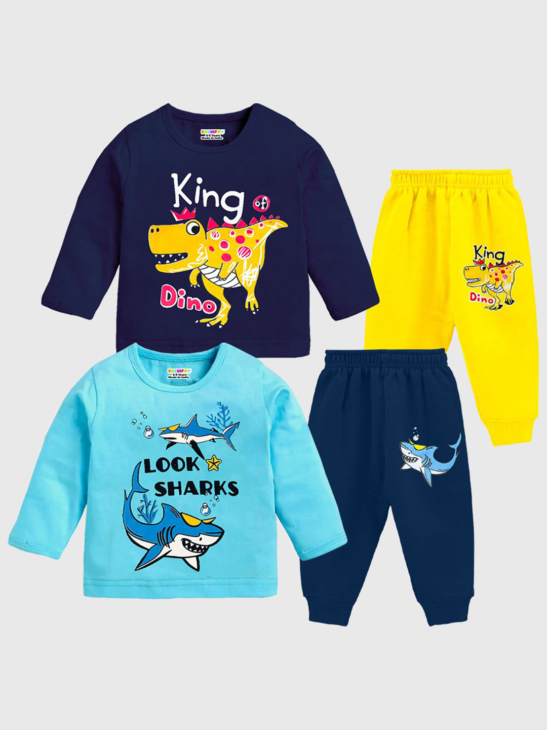 

KUCHIPOO Boys Pack Of 2 Printed Round Neck Sweatshirts With Joggers, Navy blue